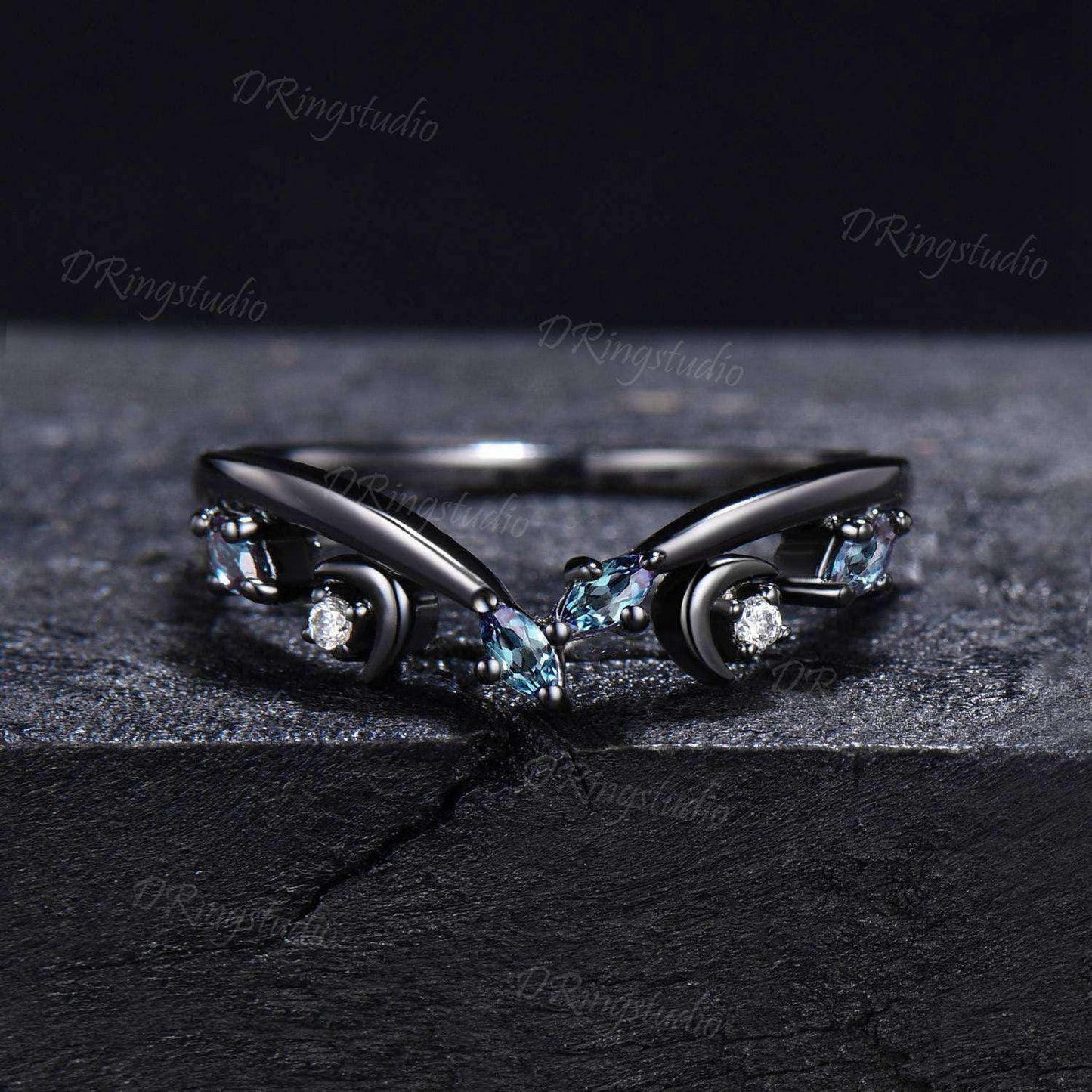Black Gold Curved Wedding Band Celestial Moon Alexandrite Matching Band Gothic V Curved Wedding Band Unique Matching Stacking Ring for Women