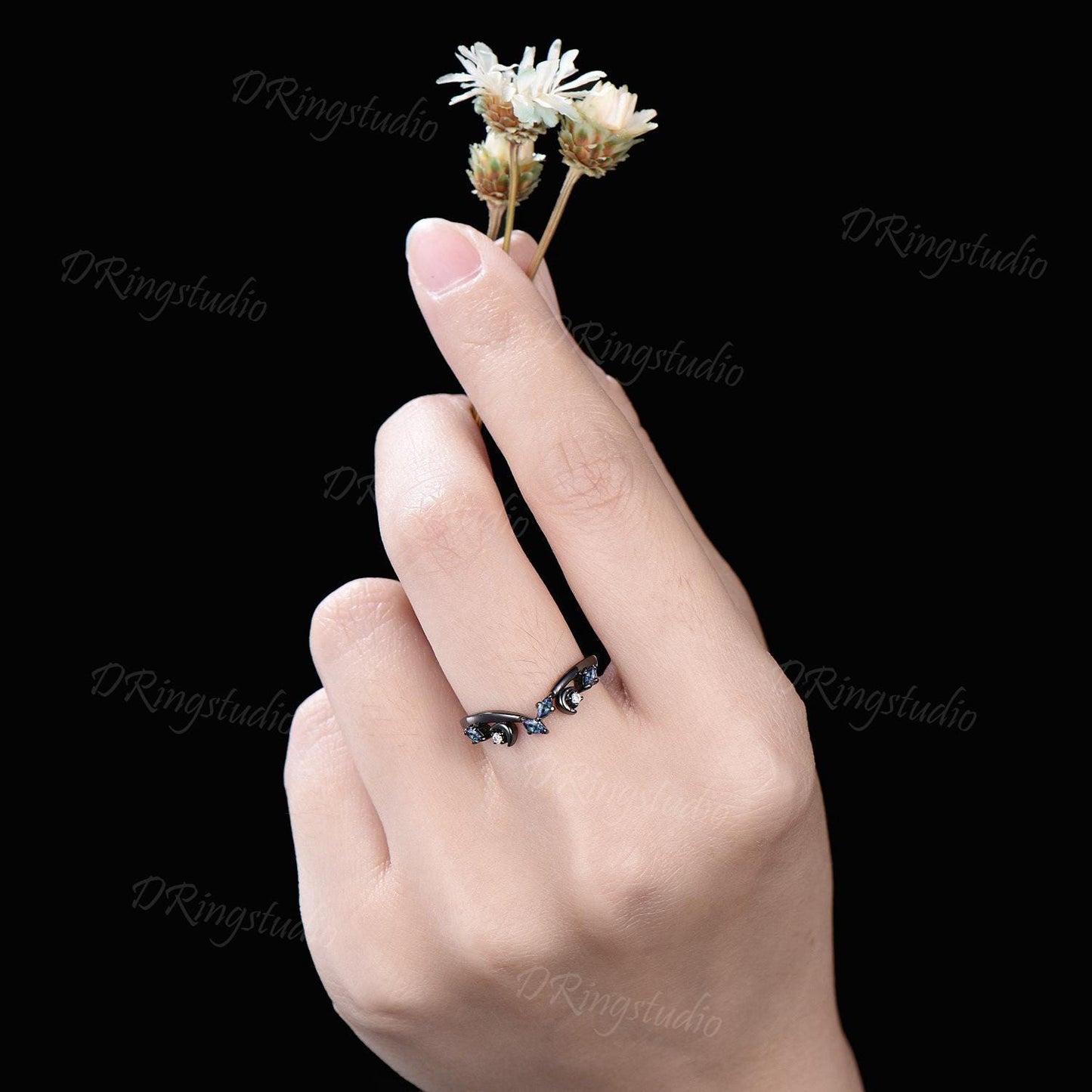 Black Gold Curved Wedding Band Celestial Moon Alexandrite Matching Band Gothic V Curved Wedding Band Unique Matching Stacking Ring for Women
