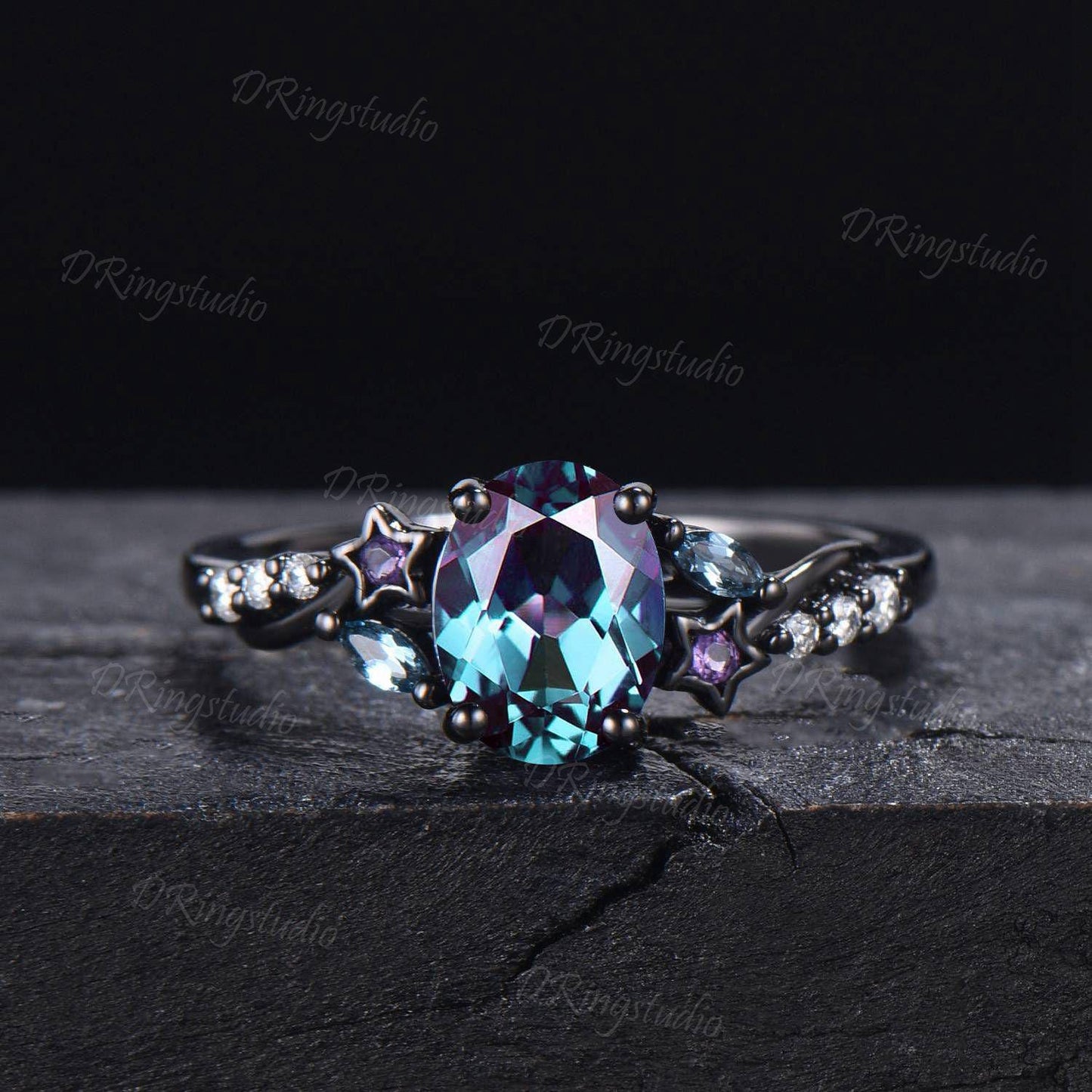 Star Design Oval Alexandrite Engagement Ring Set Unique Gothic Black Gold Wedding Ring Cluster Opal Amethyst Bridal Ring Set Proposal Gift
