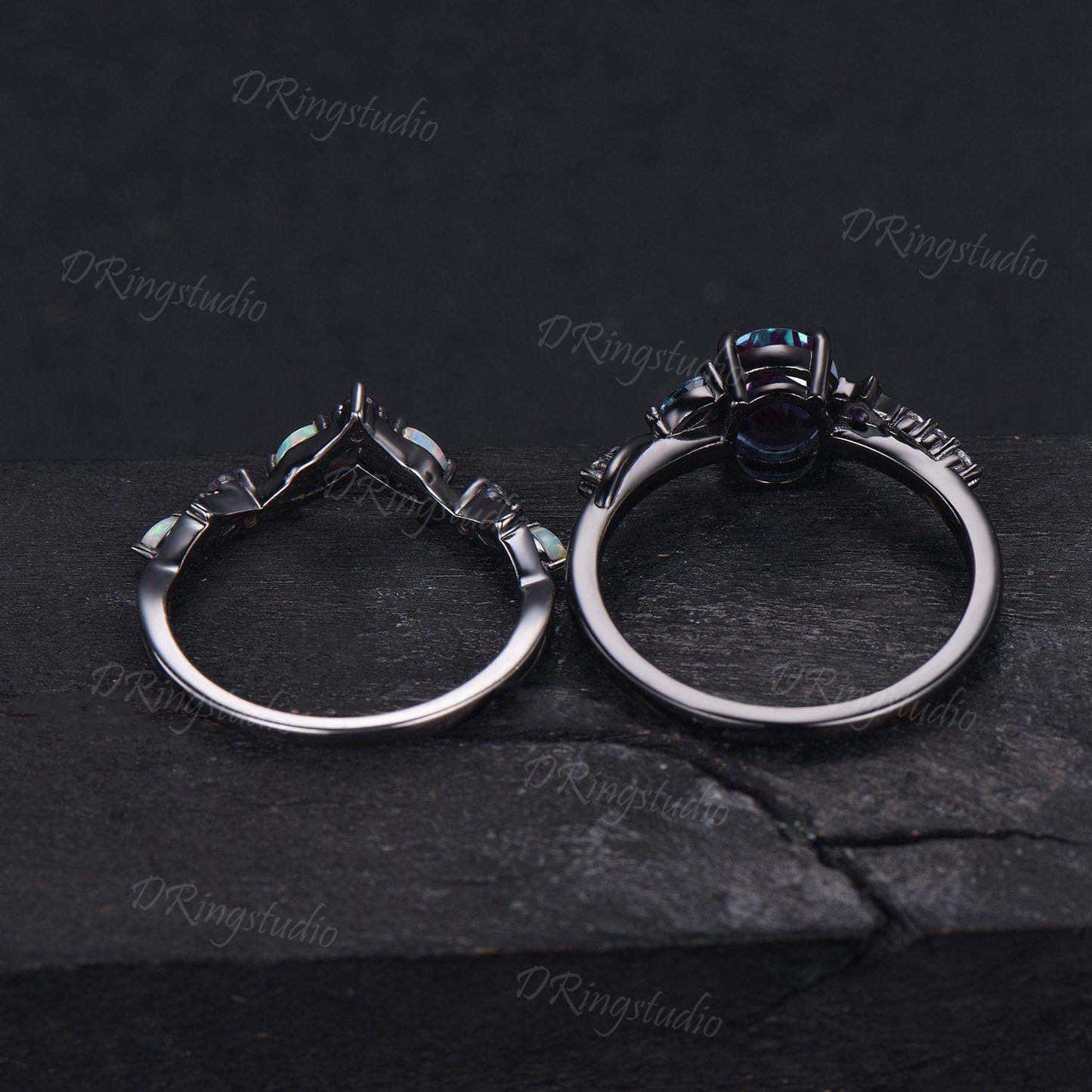 Star Design Oval Alexandrite Engagement Ring Set Unique Gothic Black Gold Wedding Ring Cluster Opal Amethyst Bridal Ring Set Proposal Gift