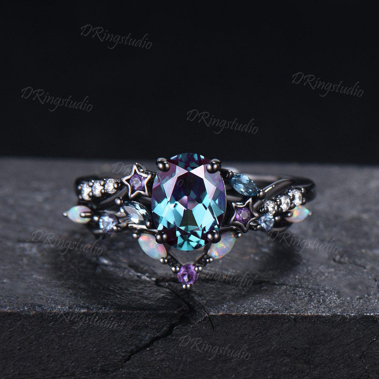 Star Design Oval Alexandrite Engagement Ring Set Unique Gothic Black Gold Wedding Ring Cluster Opal Amethyst Bridal Ring Set Proposal Gift