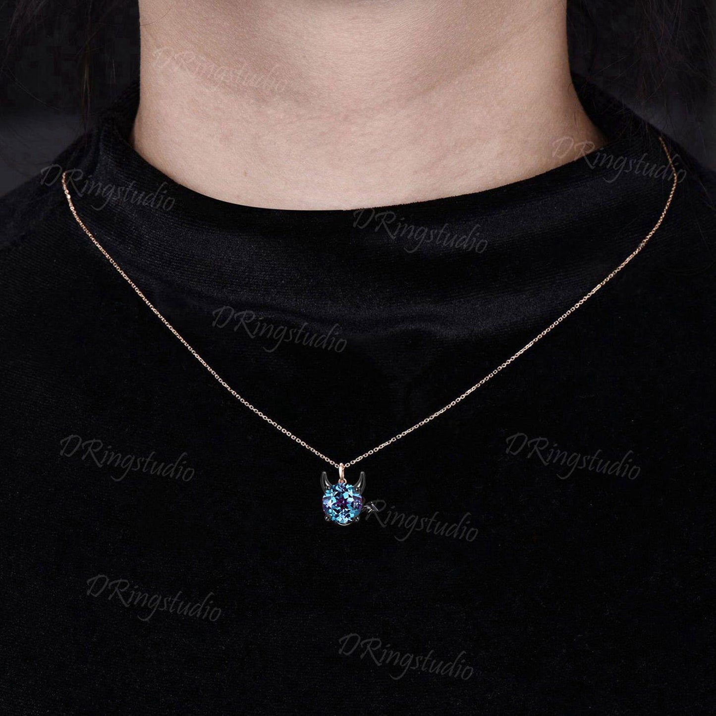 Black Gold Devil Necklace Unique 7mm Round Cut Alexandrite Necklace Gothic Little Devil Necklace Unisex Devil Pendant Halloween Jewelry Gift