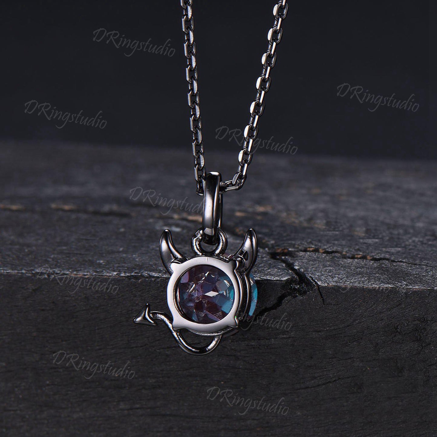Black Gold Devil Necklace Unique 7mm Round Cut Alexandrite Necklace Gothic Little Devil Necklace Unisex Devil Pendant Halloween Jewelry Gift