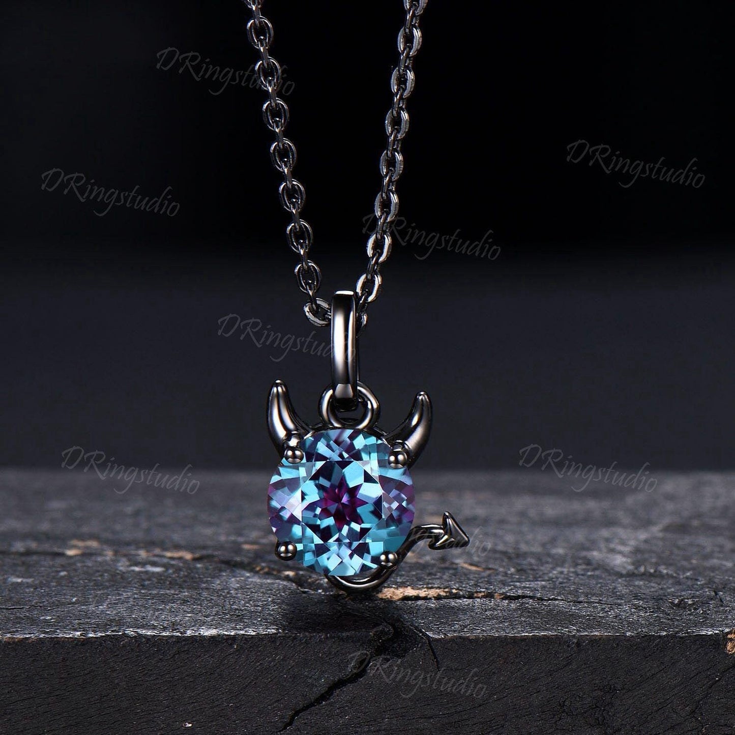 Black Gold Devil Necklace Unique 7mm Round Cut Alexandrite Necklace Gothic Little Devil Necklace Unisex Devil Pendant Halloween Jewelry Gift