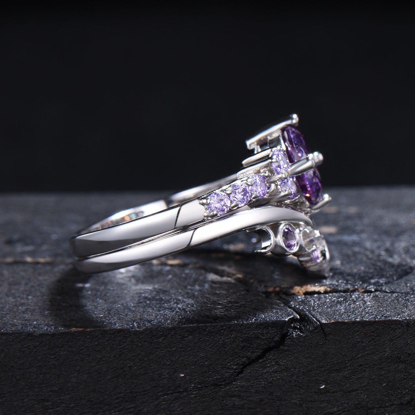 14k White Gold Round Natural Amethyst Engagement Ring Set Norse Viking Ring Celtic Knot Ring 2pcs Bridal Ring Set Anniversary Gift for Women