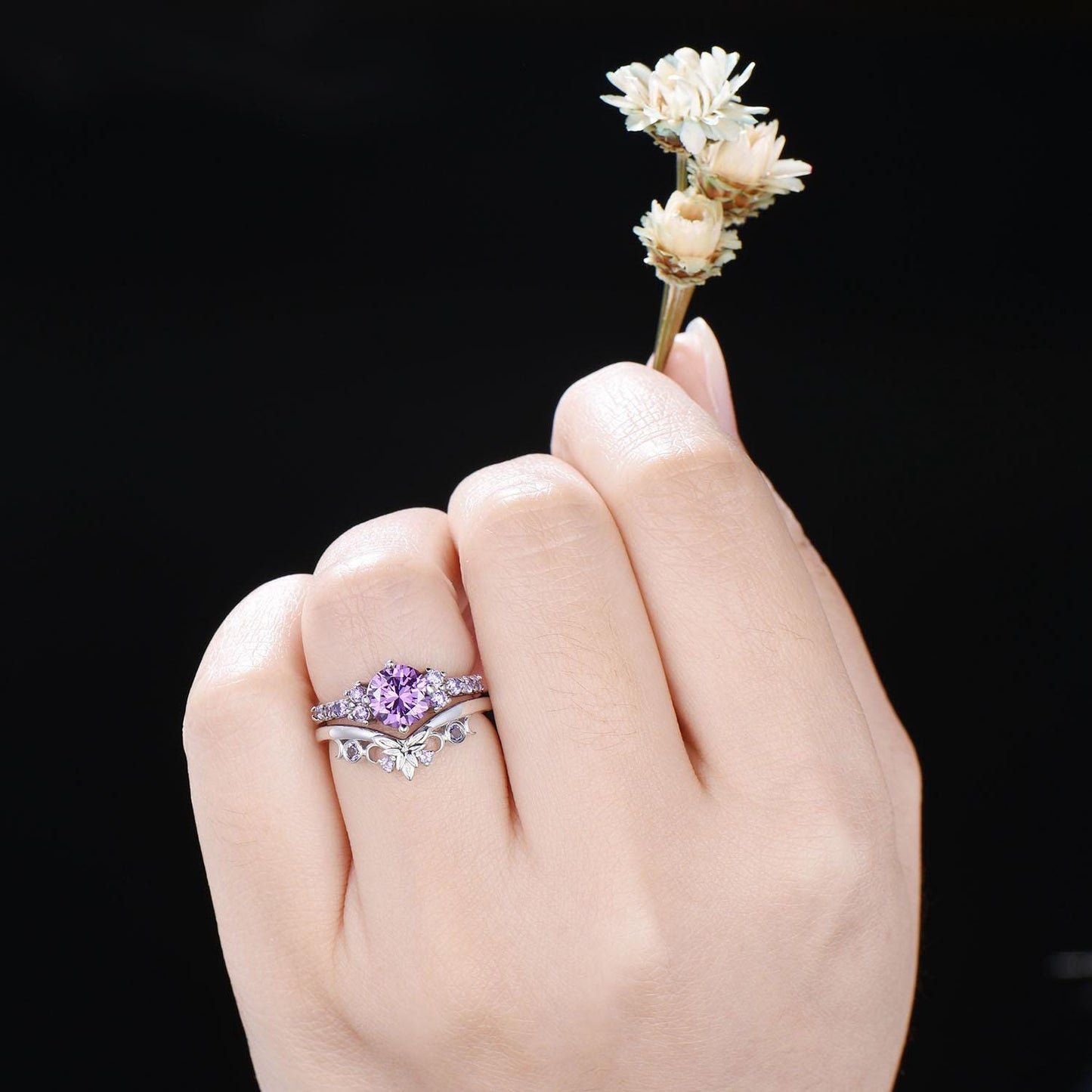 14k White Gold Round Natural Amethyst Engagement Ring Set Norse Viking Ring Celtic Knot Ring 2pcs Bridal Ring Set Anniversary Gift for Women