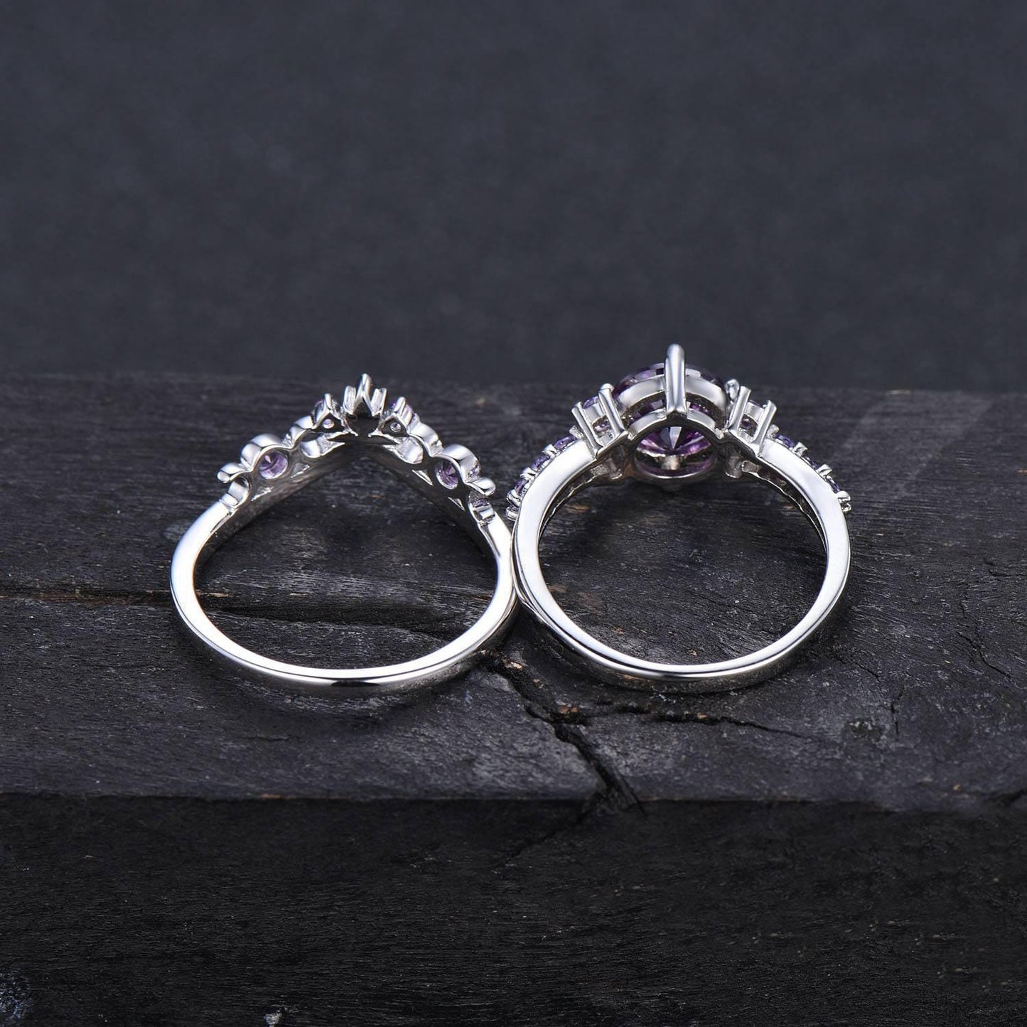 14k White Gold Round Natural Amethyst Engagement Ring Set Norse Viking Ring Celtic Knot Ring 2pcs Bridal Ring Set Anniversary Gift for Women