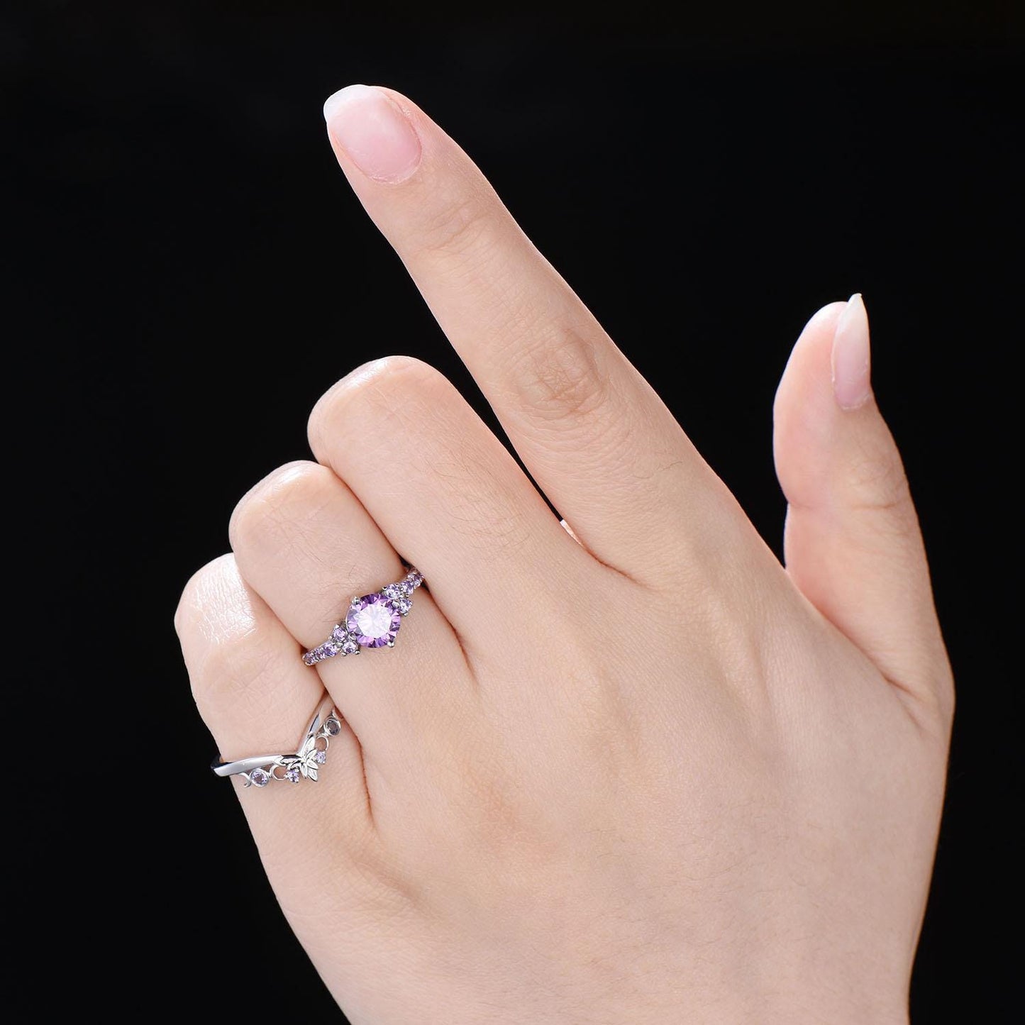 14k White Gold Round Natural Amethyst Engagement Ring Set Norse Viking Ring Celtic Knot Ring 2pcs Bridal Ring Set Anniversary Gift for Women