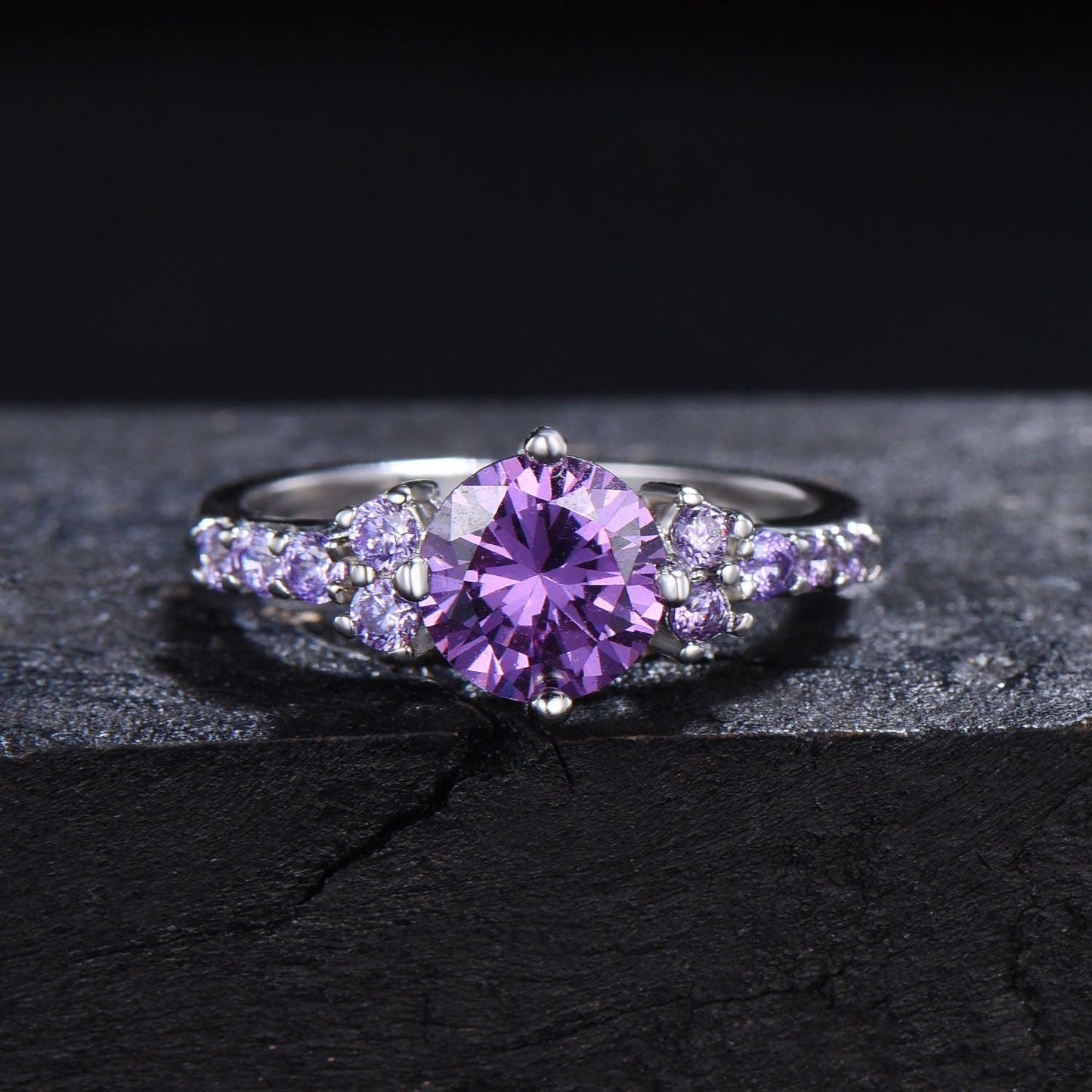 14k White Gold Round Natural Amethyst Engagement Ring Set Norse Viking Ring Celtic Knot Ring 2pcs Bridal Ring Set Anniversary Gift for Women