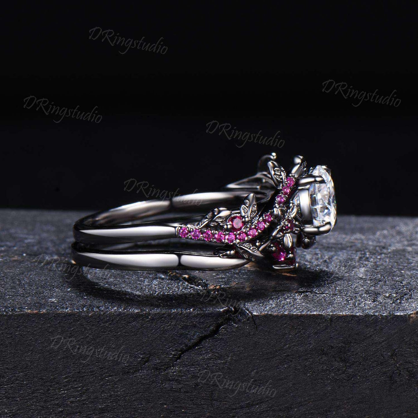 Black Gold Round Moissanite Ruby Engagement Ring Set Art Deco Red Ruby Floral Wedding Ring Gothic Black Leaf Branch Bridal Set Promise Gift