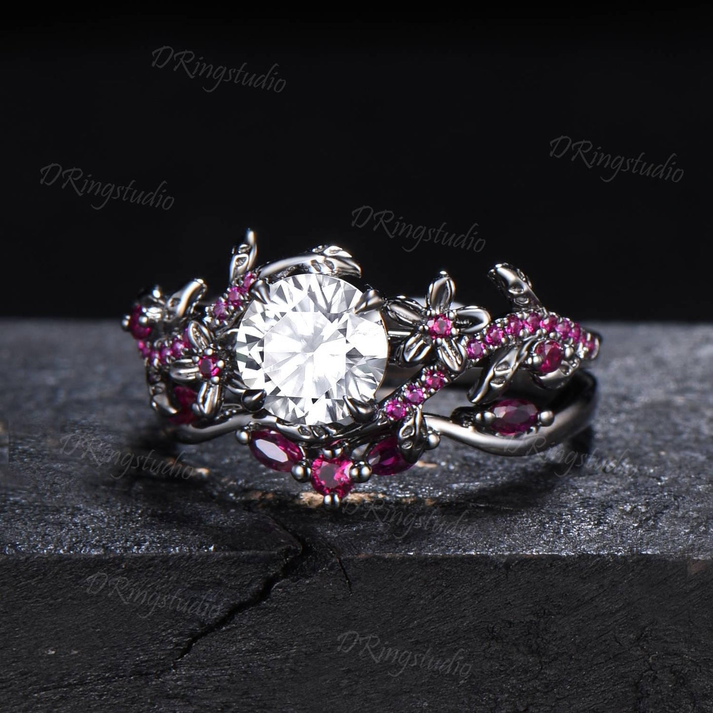Black Gold Round Moissanite Ruby Engagement Ring Set Art Deco Red Ruby Floral Wedding Ring Gothic Black Leaf Branch Bridal Set Promise Gift