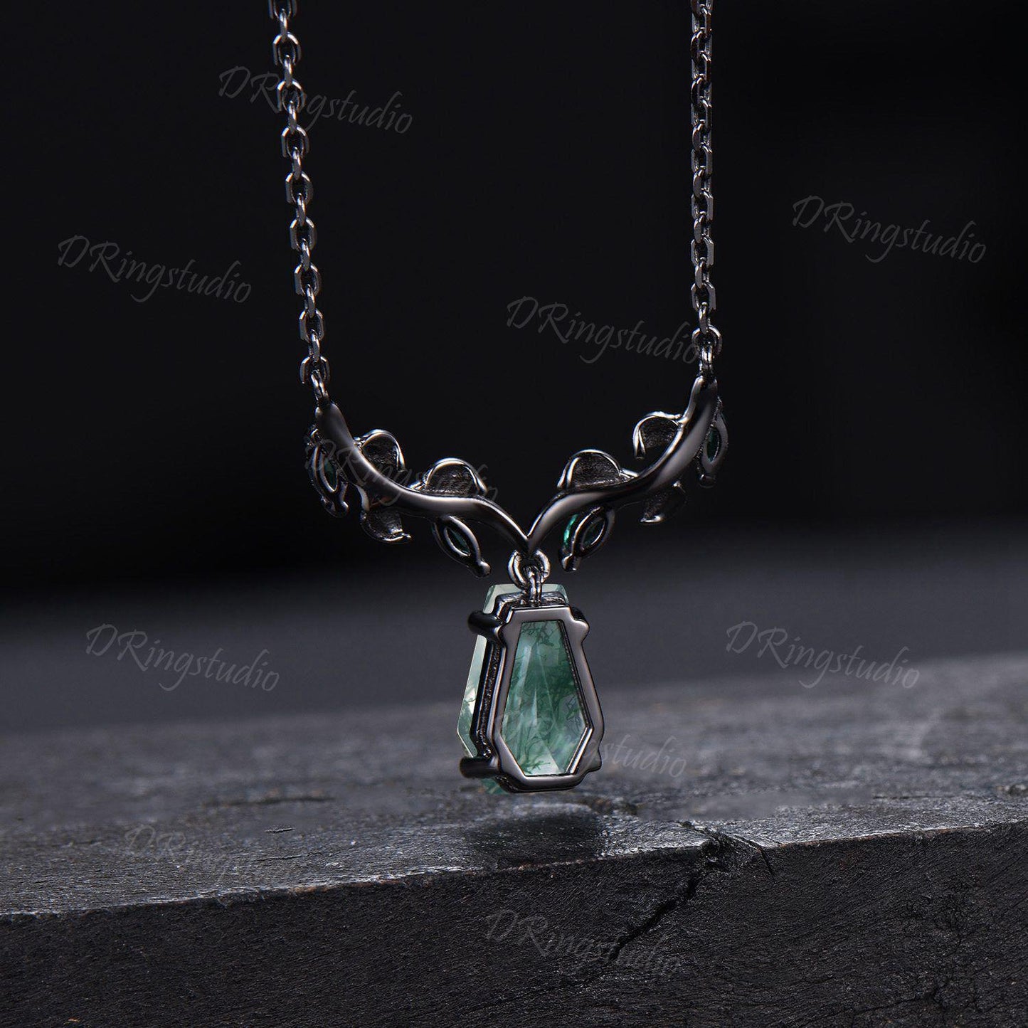Unique Coffin Cut Natural Moss Agate Necklace Nature Inspired Twig Branch Emerald Pendant Gothic Black Gold Leaf Vine Necklace Wedding Gift