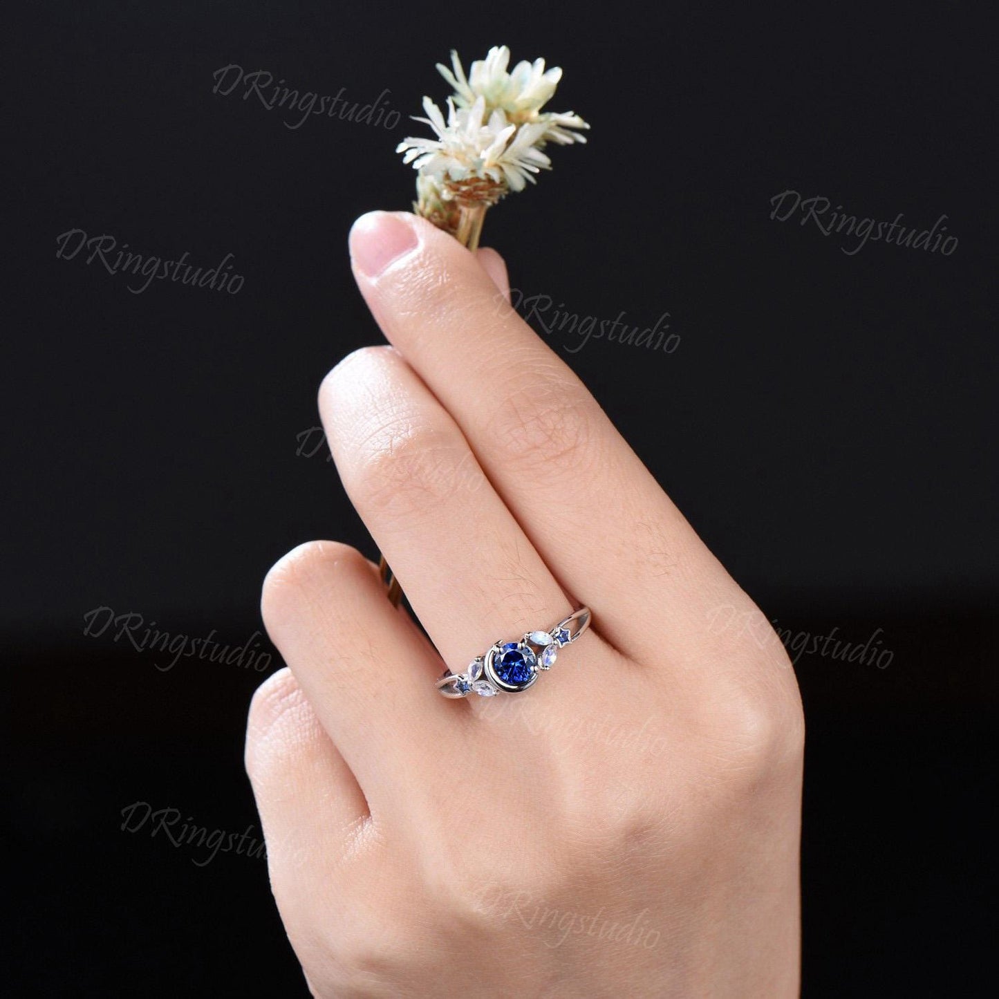 Moon Star Engagement Ring Round Blue Sapphire Ring White Gold Moonstone Wedding Ring Celestial Moon Ring September Birthstone Proposal Gifts