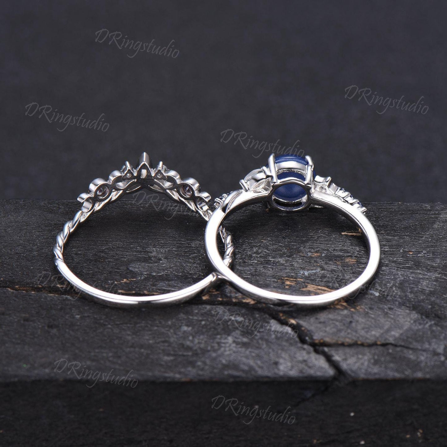 Black Gold Starry Star Sapphire Engagement Ring Moon Star Blue Sapphire Wedding Ring Gothic Black Round Lindy Star Bridal Set Promise Gift
