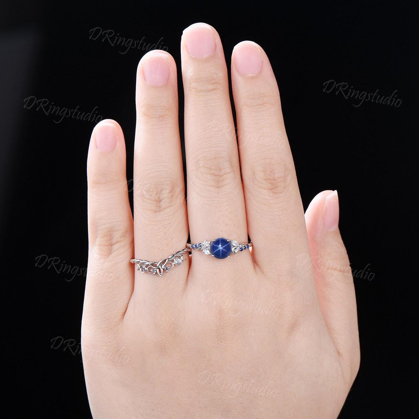 Black Gold Starry Star Sapphire Engagement Ring Moon Star Blue Sapphire Wedding Ring Gothic Black Round Lindy Star Bridal Set Promise Gift