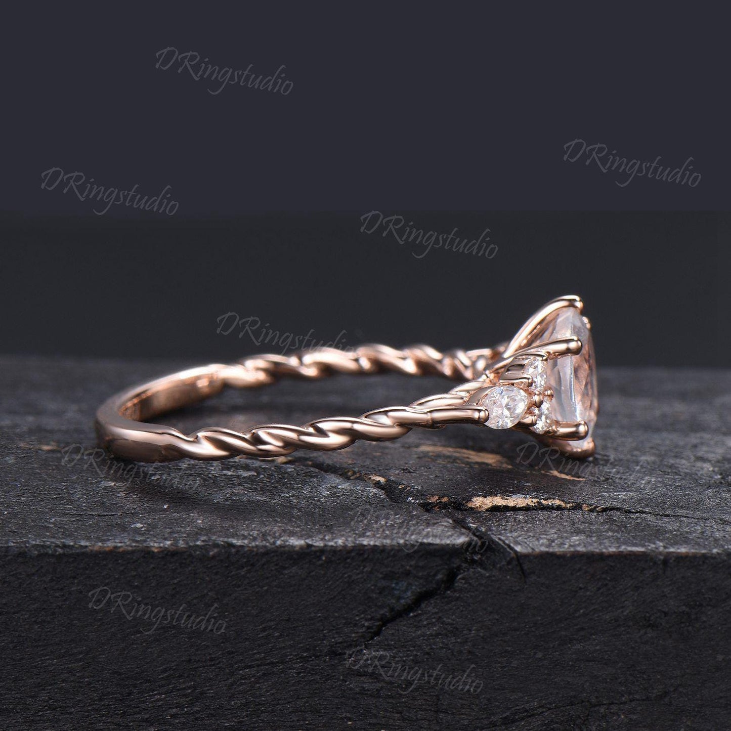 Twisted Band Round Natural Moonstone Engagement Ring 14k Rose Gold Simple Wedding Band 7 Stone Promise Ring Anniversary Birthday Women Gift