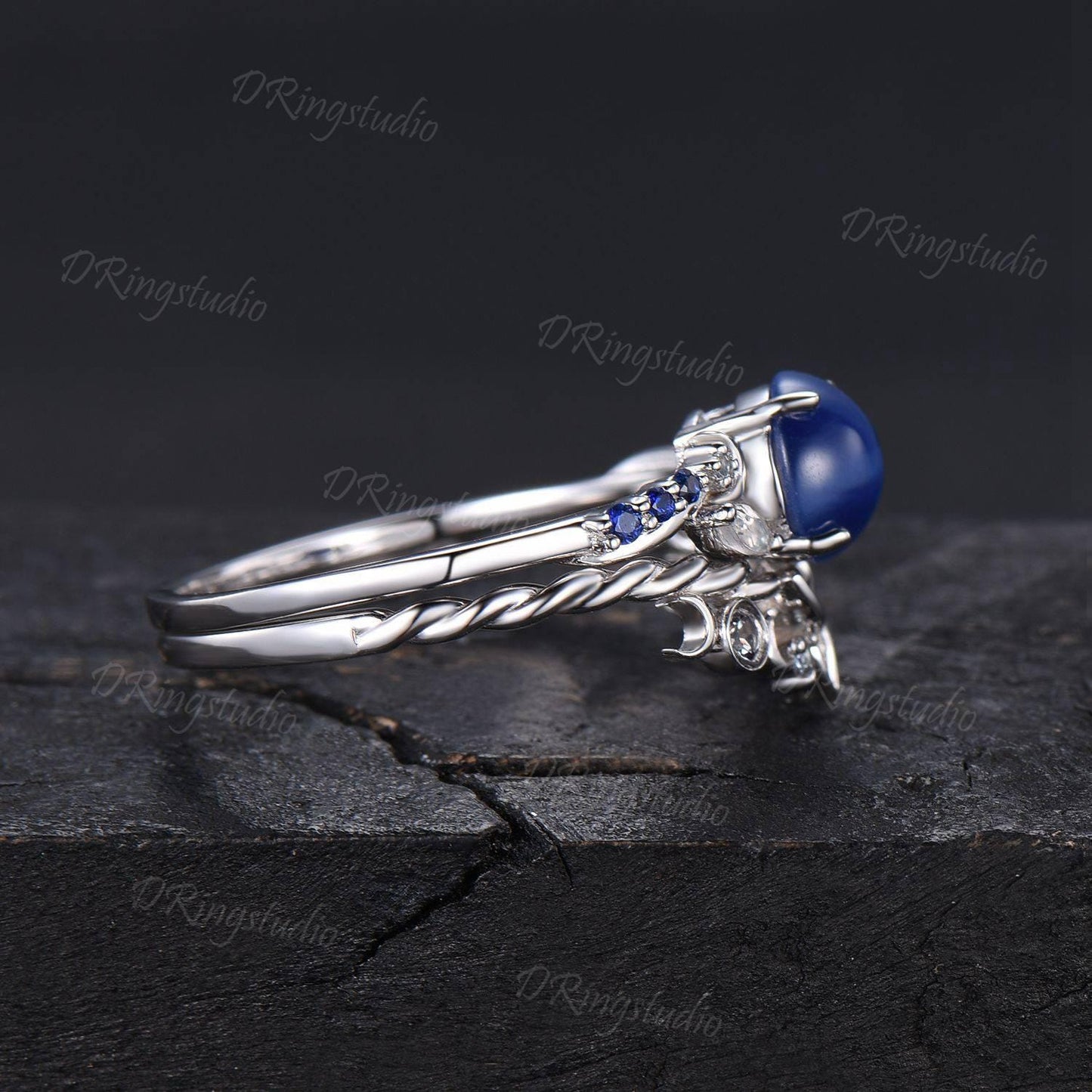 Black Gold Starry Star Sapphire Engagement Ring Moon Star Blue Sapphire Wedding Ring Gothic Black Round Lindy Star Bridal Set Promise Gift