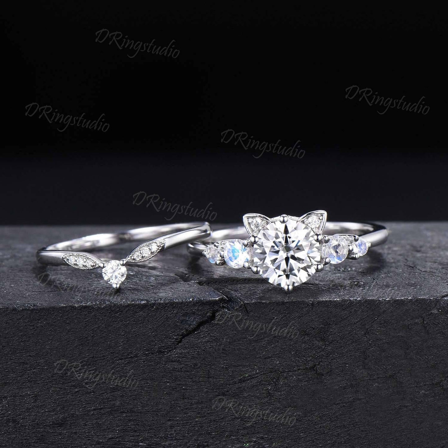 Cat Engagement Ring Set 14k White Gold Round Moissanite Wedding Ring Moissanite Moonstone Cluster Bridal Set Cute Kitten Ring for Cat Lover