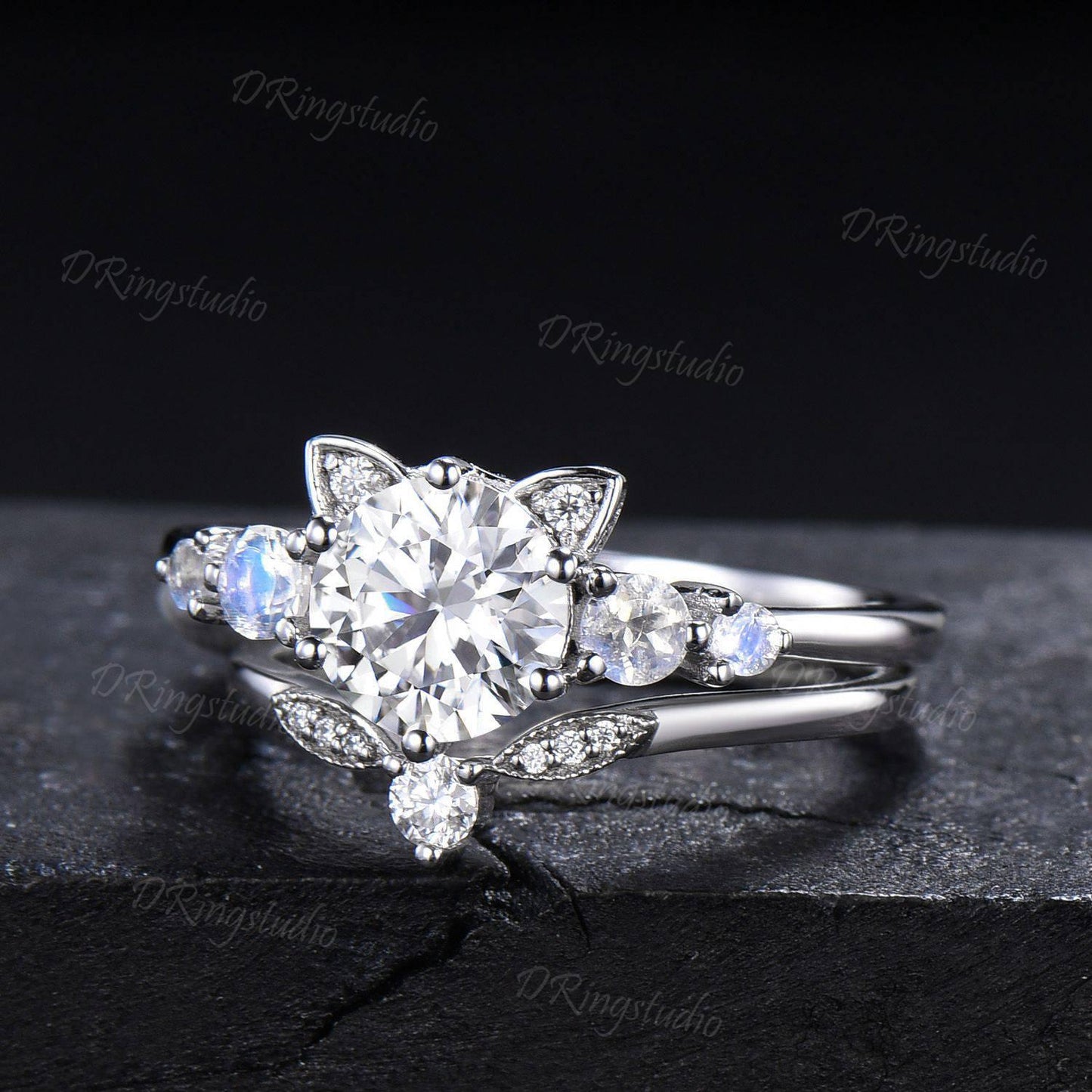 Cat Engagement Ring Set 14k White Gold Round Moissanite Wedding Ring Moissanite Moonstone Cluster Bridal Set Cute Kitten Ring for Cat Lover