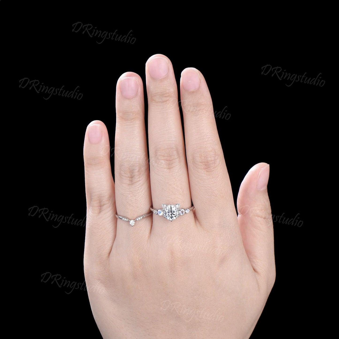 Cat Engagement Ring Set 14k White Gold Round Moissanite Wedding Ring Moissanite Moonstone Cluster Bridal Set Cute Kitten Ring for Cat Lover