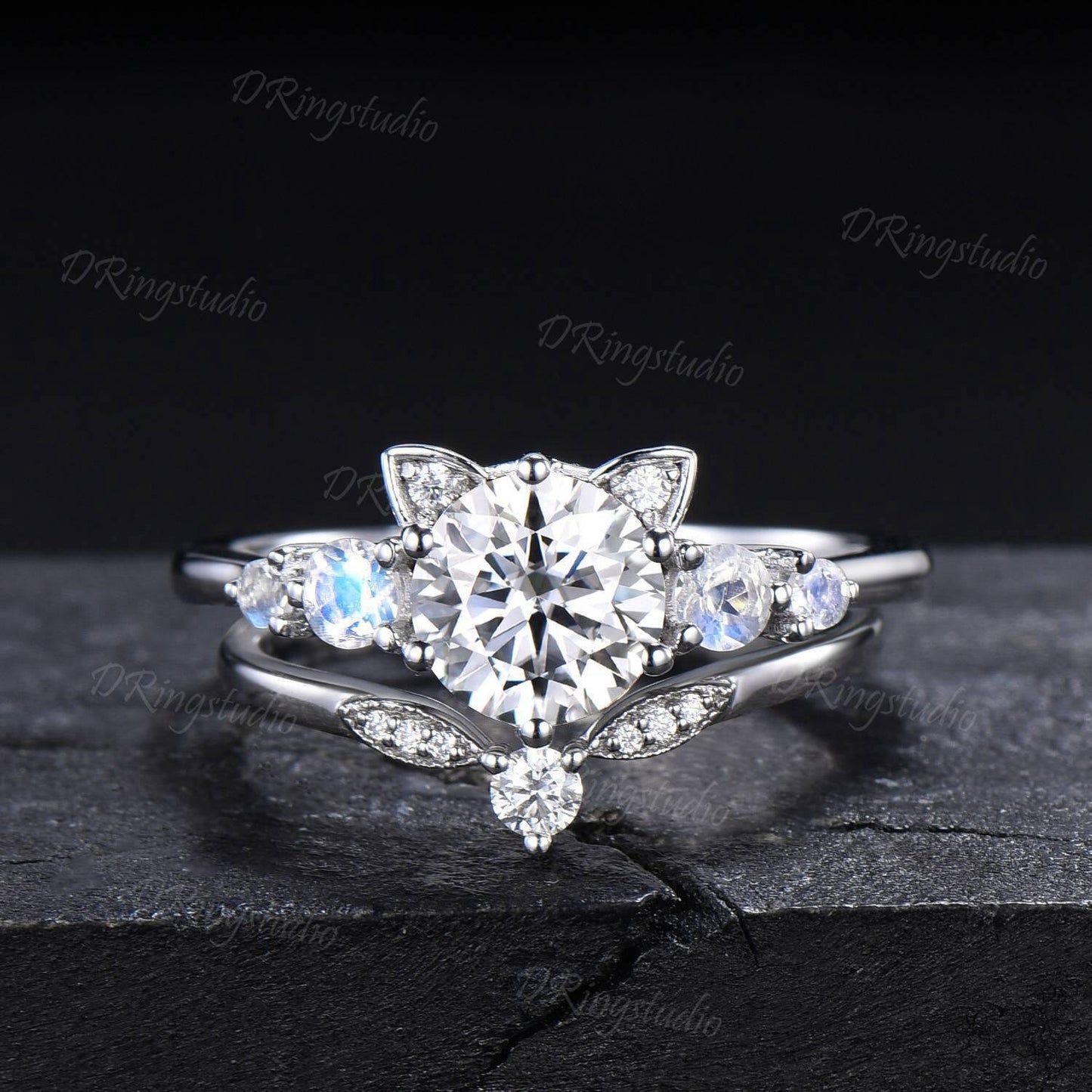 Cat Engagement Ring Set 14k White Gold Round Moissanite Wedding Ring Moissanite Moonstone Cluster Bridal Set Cute Kitten Ring for Cat Lover