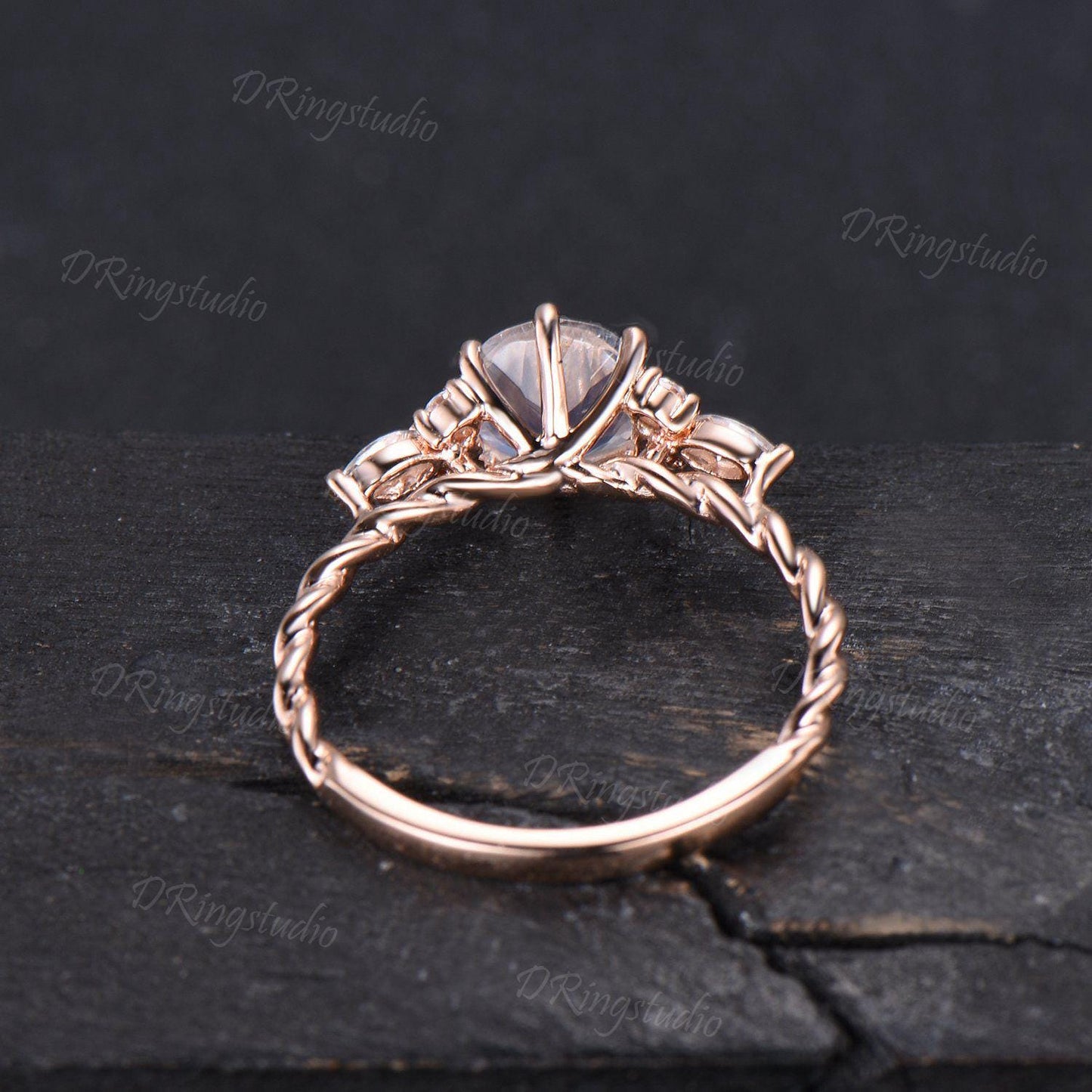Twisted Band Round Natural Moonstone Engagement Ring 14k Rose Gold Simple Wedding Band 7 Stone Promise Ring Anniversary Birthday Women Gift