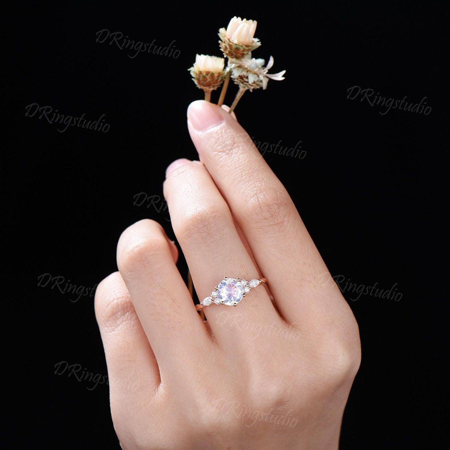 Twisted Band Round Natural Moonstone Engagement Ring 14k Rose Gold Simple Wedding Band 7 Stone Promise Ring Anniversary Birthday Women Gift