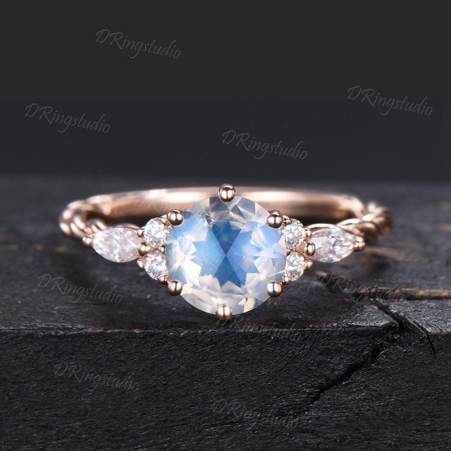 Twisted Band Round Natural Moonstone Engagement Ring 14k Rose Gold Simple Wedding Band 7 Stone Promise Ring Anniversary Birthday Women Gift