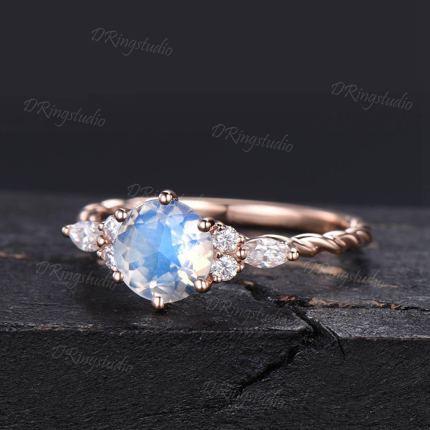 Twisted Band Round Natural Moonstone Engagement Ring 14k Rose Gold Simple Wedding Band 7 Stone Promise Ring Anniversary Birthday Women Gift