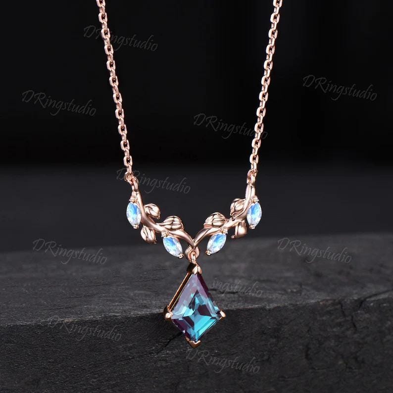 Nature Inspired Kite Cut Alexandrite Necklace 14k Rose Gold Leaf Vine Moonstone Necklace Twig Branch Alexandrite Wedding Pendant for Women