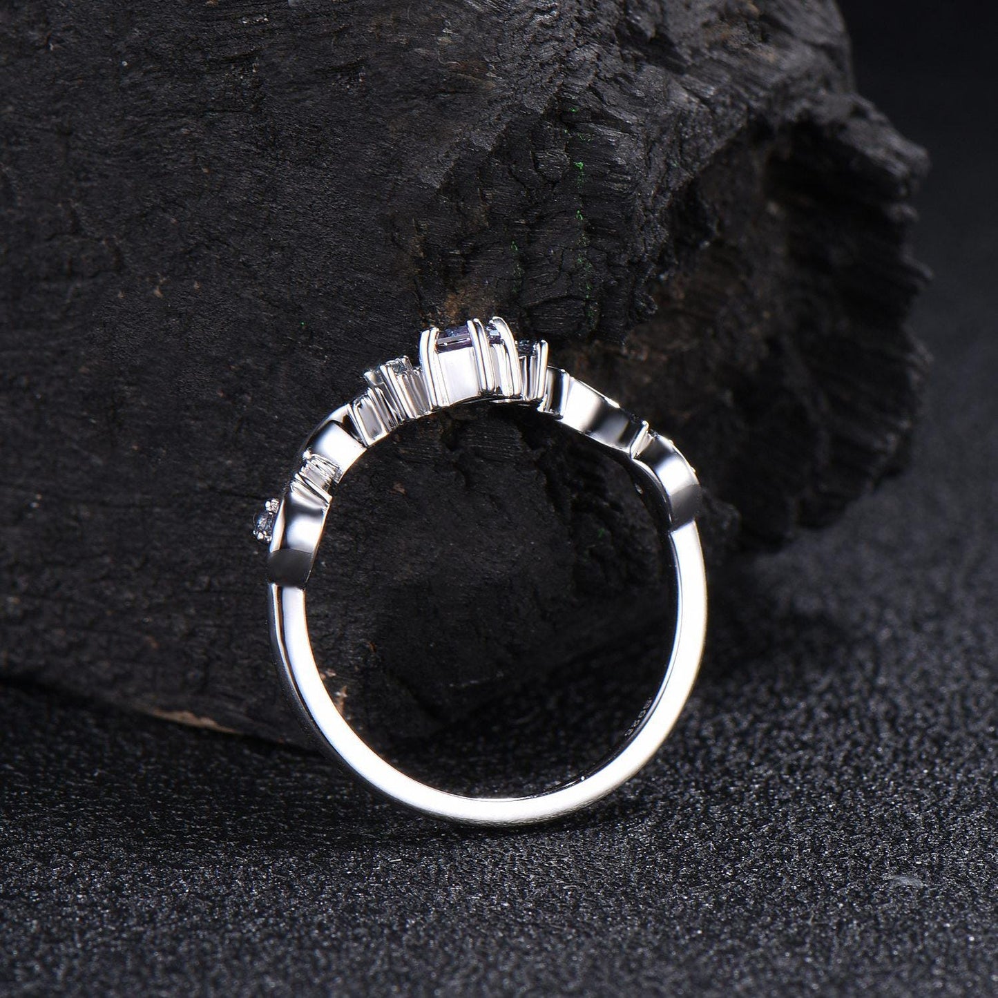 Celestial Moon Alexandrite Wedding Band Unique Princess Cut Alexandrite Matching Wedding Band Sterling Silver Moon Curved Stacking Ring Gift