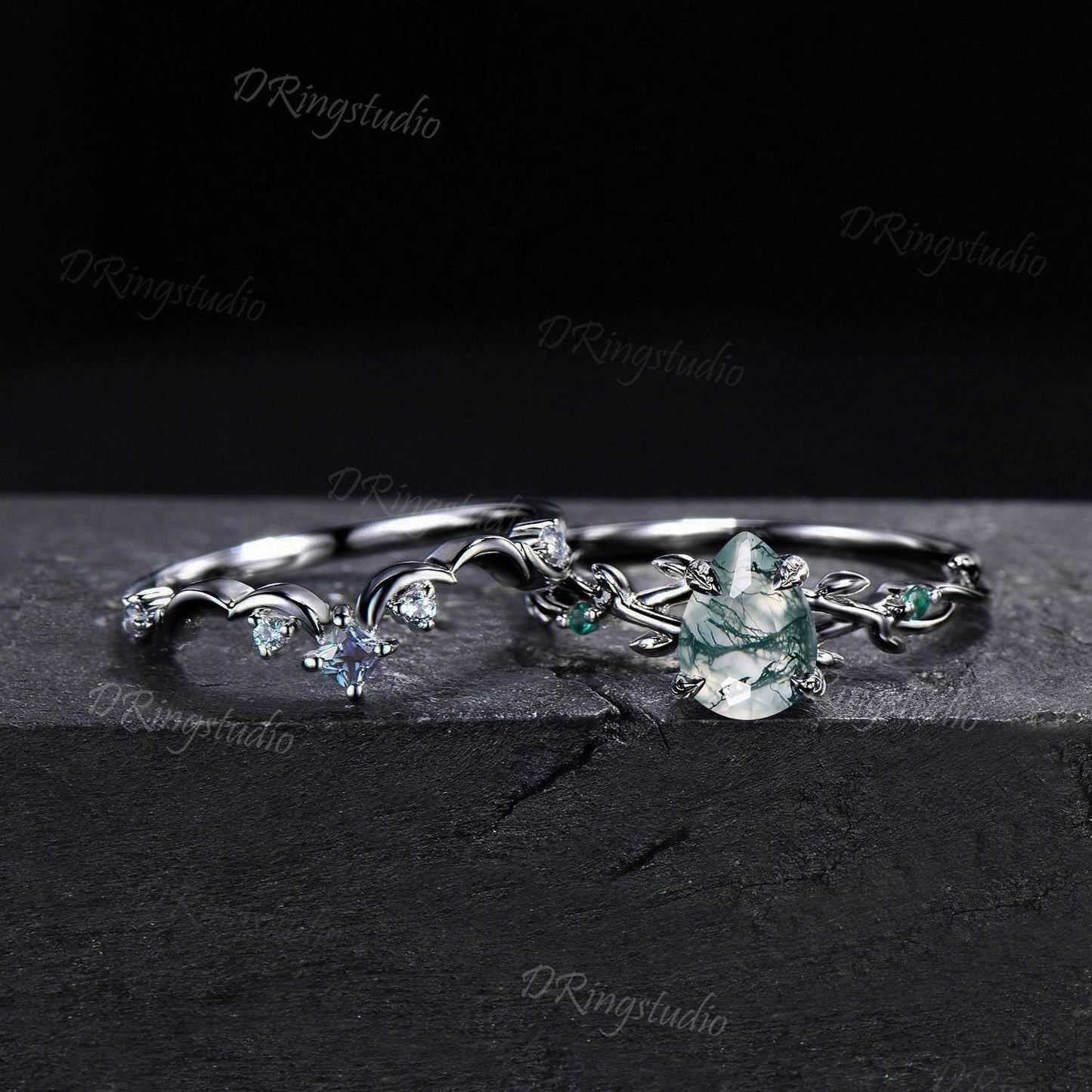 Gothic Black Moss Agate Engagement Ring 1.25ct Pear Shaped Natural Green Moss Bridal Set Black Gold Twig Leaf Wedding Ring Anniversary Gift