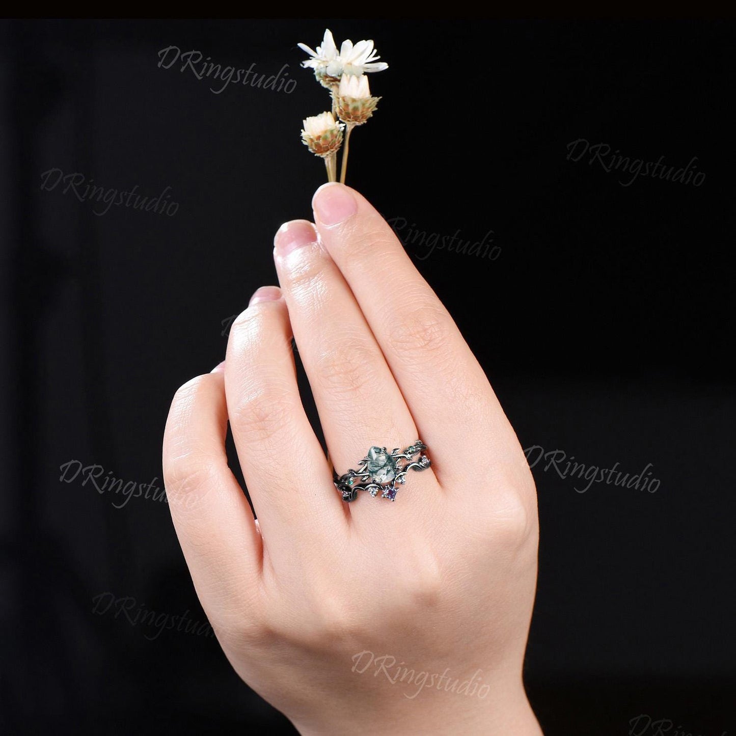 Gothic Black Moss Agate Engagement Ring 1.25ct Pear Shaped Natural Green Moss Bridal Set Black Gold Twig Leaf Wedding Ring Anniversary Gift