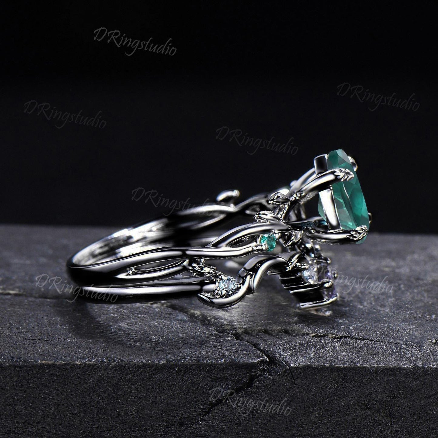 Black Twig Vine Green Emerald Engagement Ring Gothic Black Gold Emerald Bridal Ring Set Celestial Moon Alexandrite Wedding Ring Promise Gift