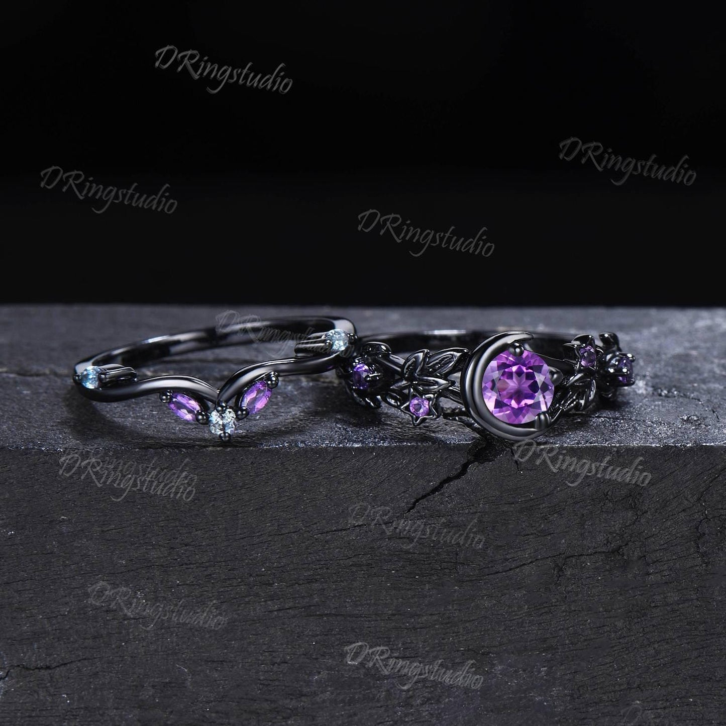 Moon Star Natural Amethyst Engagement Ring Gothic Black Gold Alexandrite Wedding Ring Black Leaf Branch Purple Crystal Ring Proposal Gift