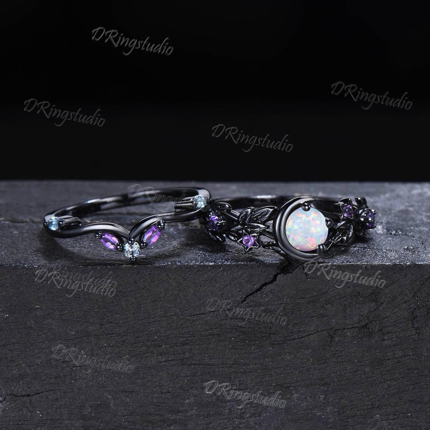 Moon Star White Opal Engagement Ring Gothic Black Gold Round Fire Opal Wedding Ring Set Branch Leaf Vine Bridal Ring Set Anniversary Gift