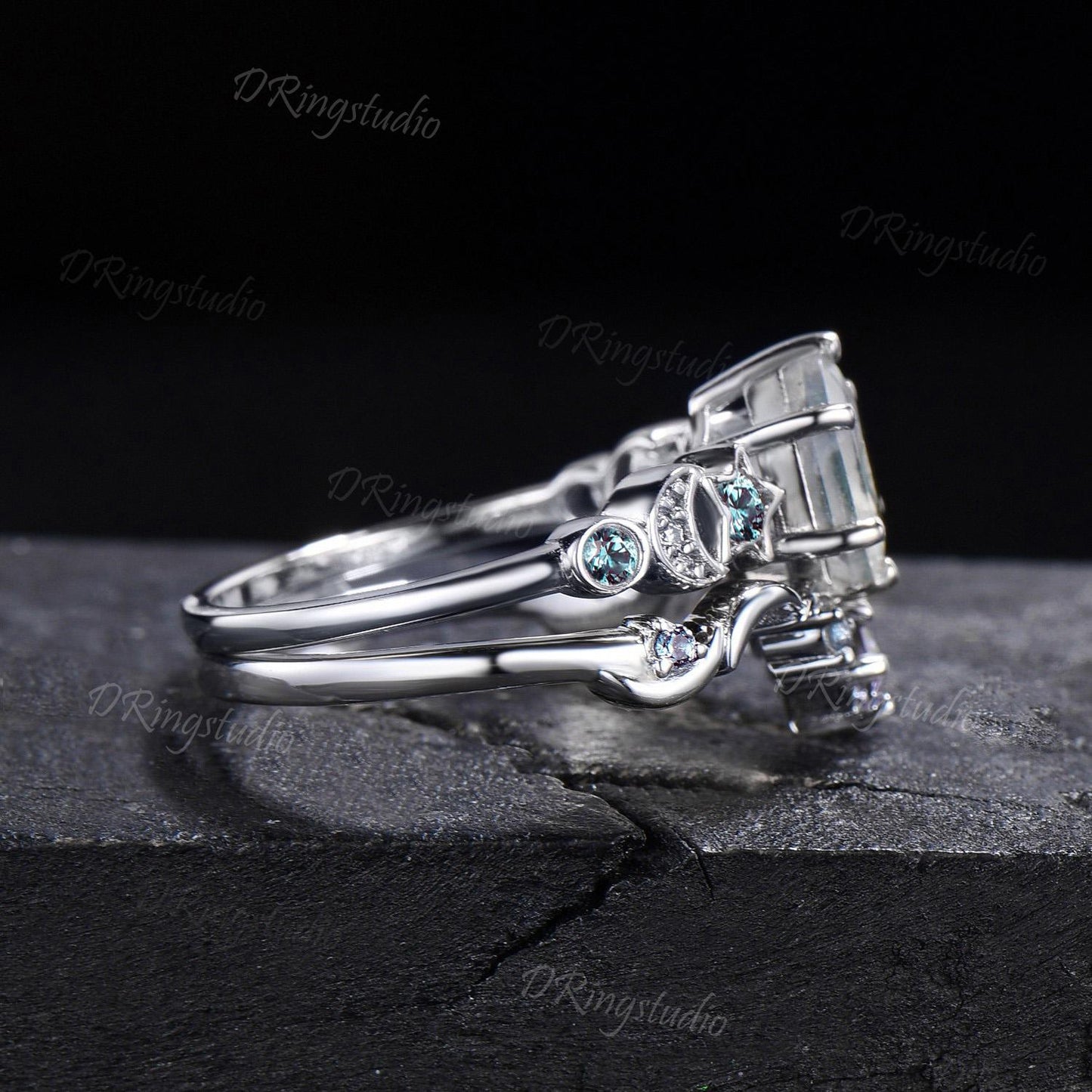 Celestial Moon Natural Moss Agate Engagement Ring Moon Star Alexandrite Wedding Ring White Gold Hexagon Cut Green Moss Ring Anniversary Gift
