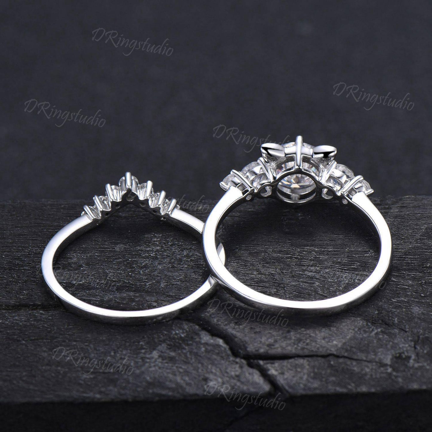 Cat Engagement Ring Set 14k White Gold Round Moissanite Wedding Ring Moissanite Moonstone Cluster Bridal Set Cute Kitten Ring for Cat Lover