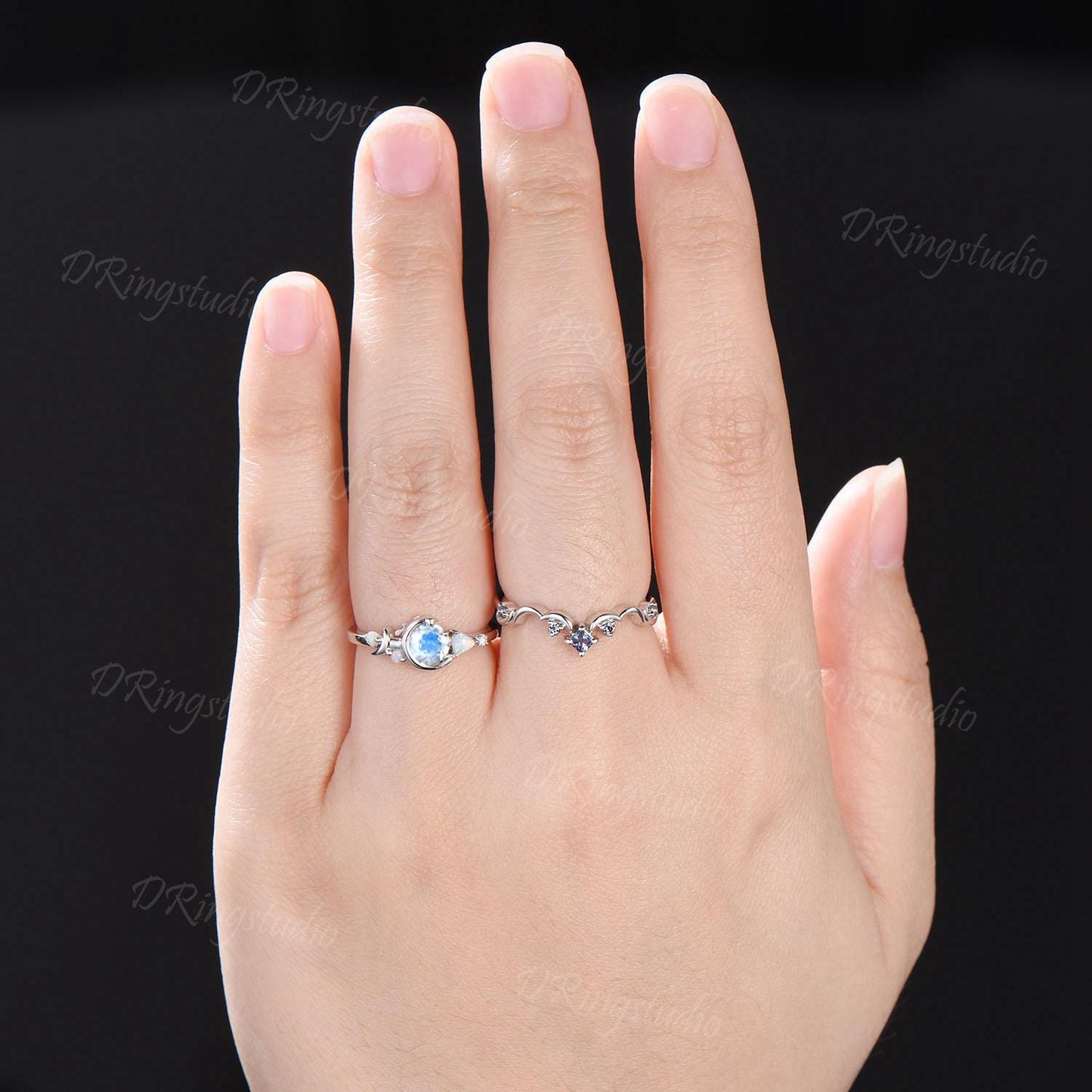 Celestial Moon Rainbow Moonstone Engagement Ring Set 14K White Gold Round Natural Moonstone Bridal Set Cluster Opal Alexandrite Wedding Ring