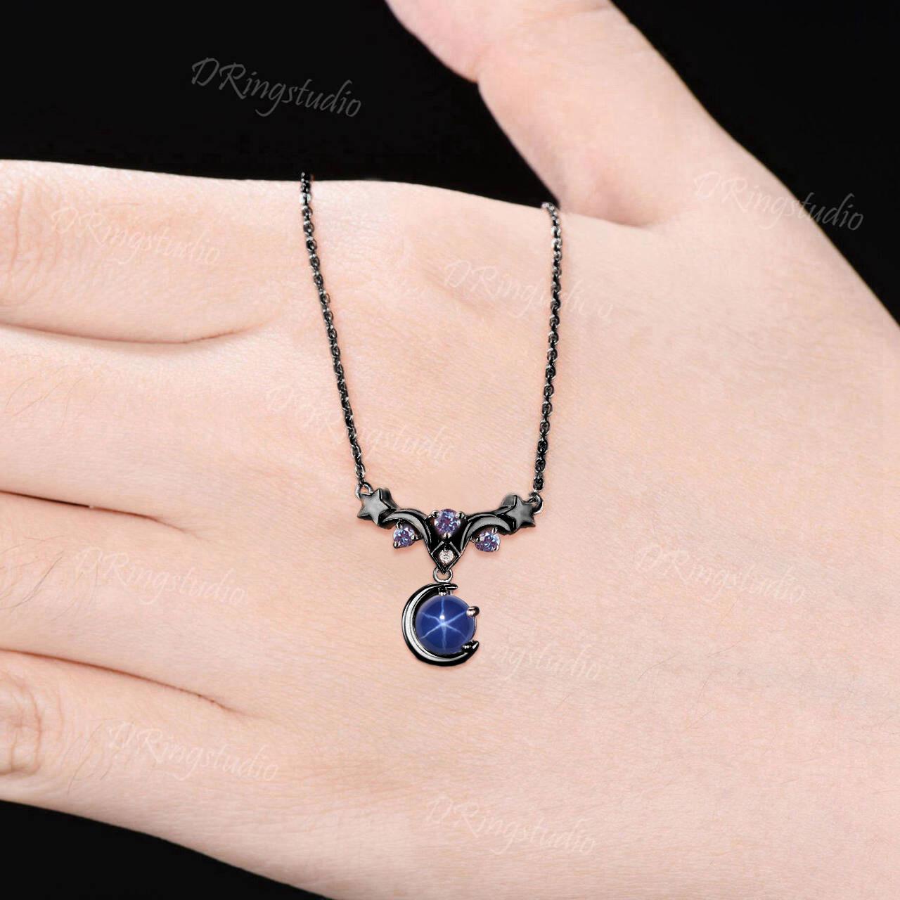 Black Gold Round Starry Star Blue Sapphire Necklace Gothic Black Lindy Star Necklace Moon Star Wedding Pendant Witchy Jewelry Birthday Gift