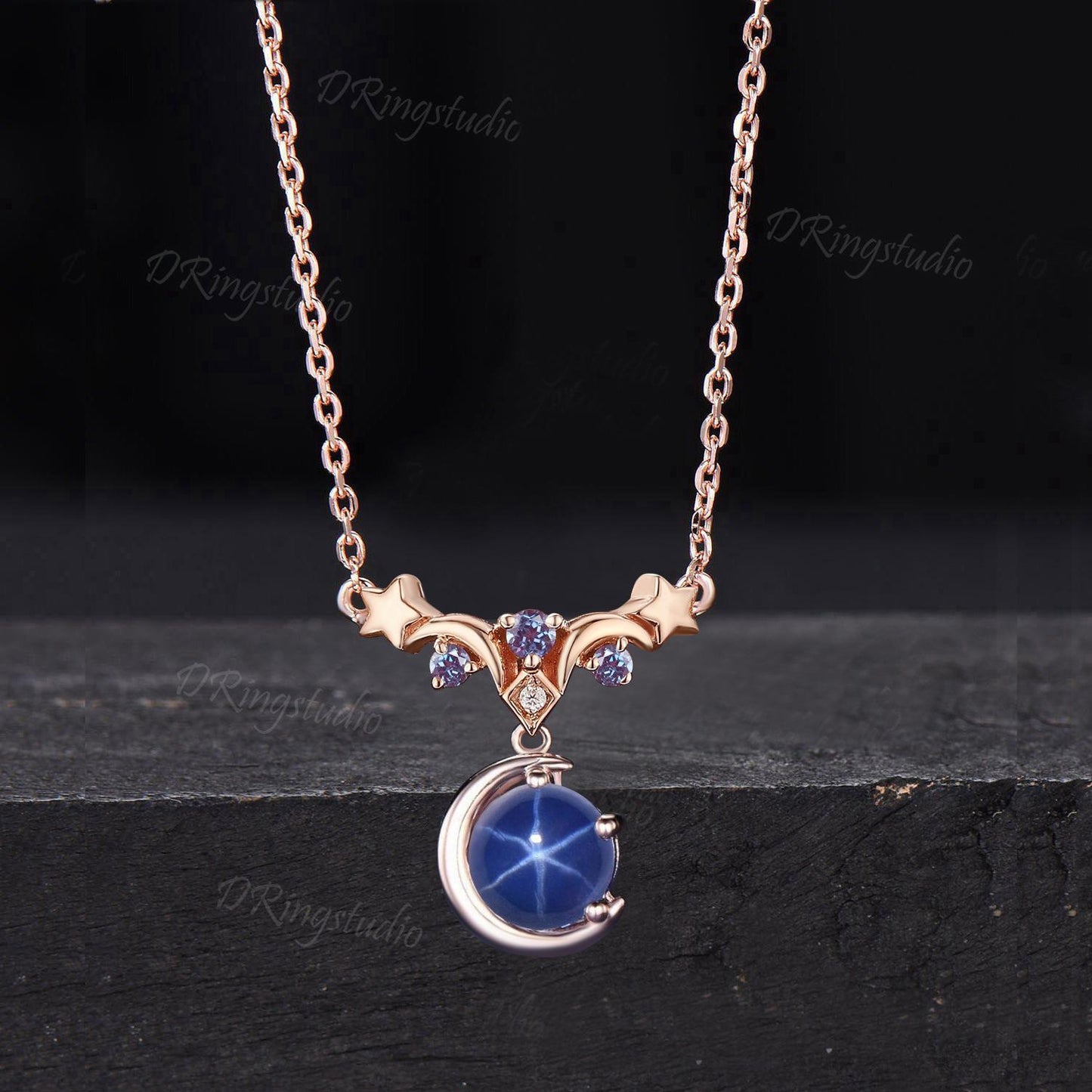 Black Gold Round Starry Star Blue Sapphire Necklace Gothic Black Lindy Star Necklace Moon Star Wedding Pendant Witchy Jewelry Birthday Gift