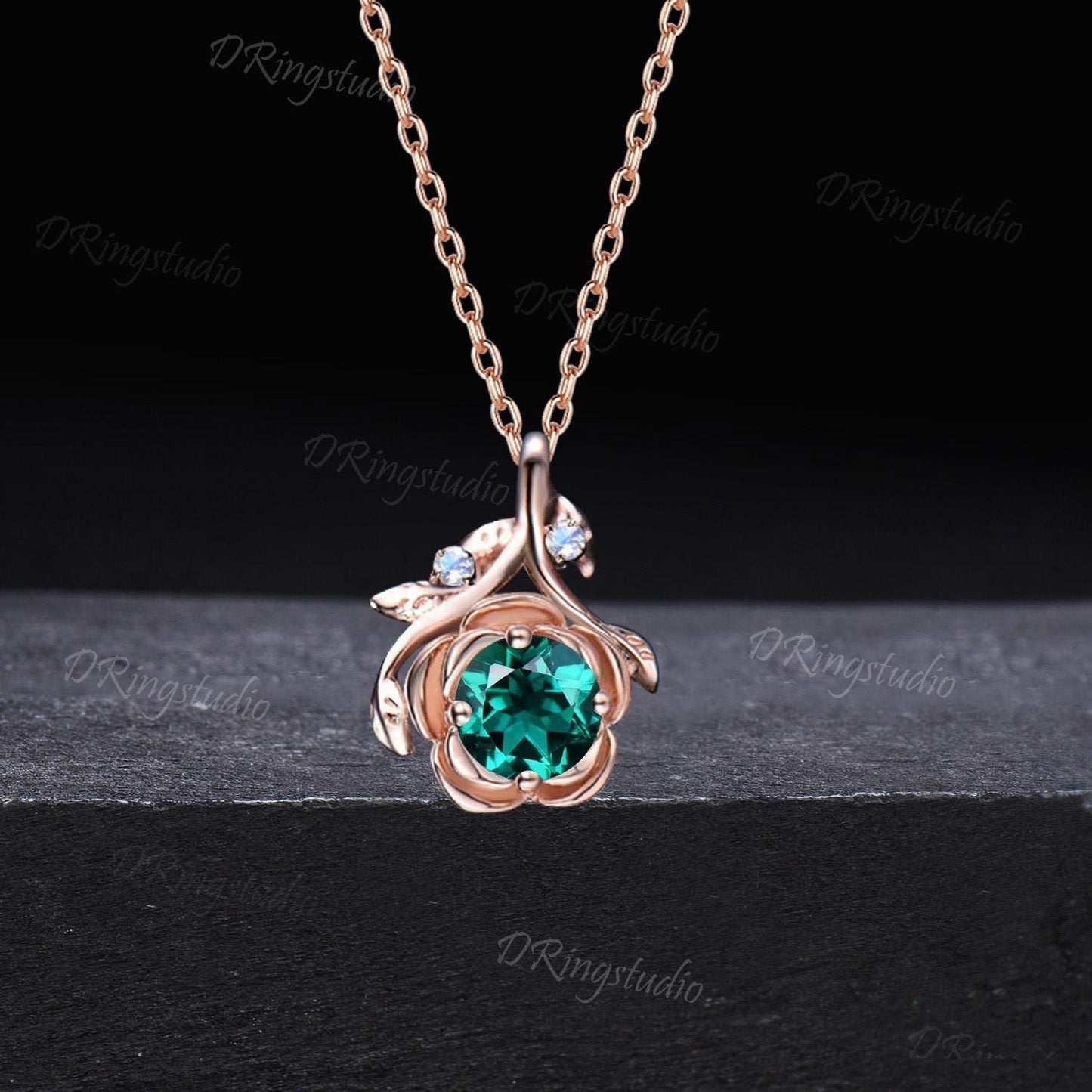 Nature Inspired Floral Green Emerald Necklace 14k Solid Gold Rose Flower Necklace Leaf Vine Emerald Moonstone Charm Pendant Anniversary Gift