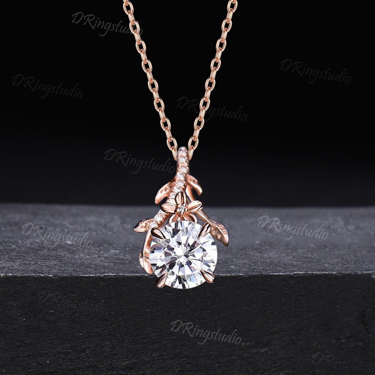 Unique Leaf Branch Nature Inspired Necklace 1CT Round Moissanite Wedding Charm Necklace Dainty 14K Gold Diamond Floral Pendant Proposal Gift