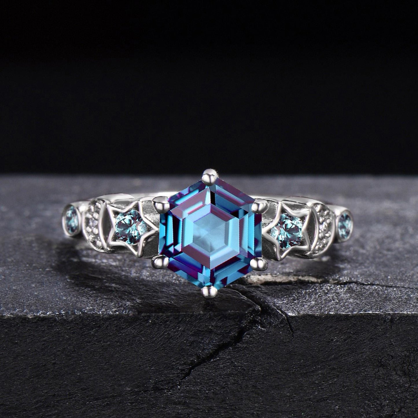 Unique Moon Star Alexandrite Wedding Ring Hexagon Cut Alexandrite Engagement Ring Crescent Moon 2pcs Bridal Ring Set Proposal Gift for Women
