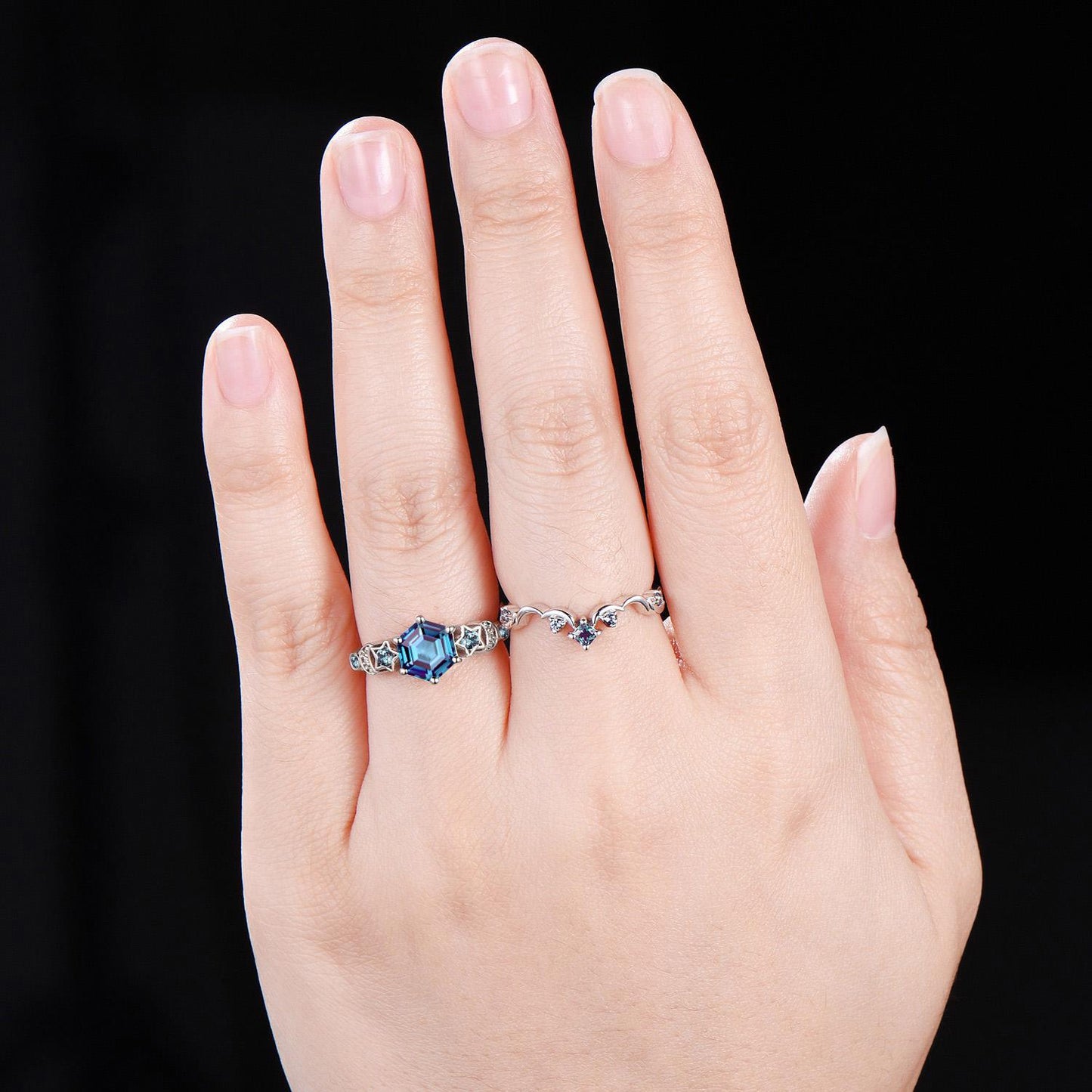 Unique Moon Star Alexandrite Wedding Ring Hexagon Cut Alexandrite Engagement Ring Crescent Moon 2pcs Bridal Ring Set Proposal Gift for Women