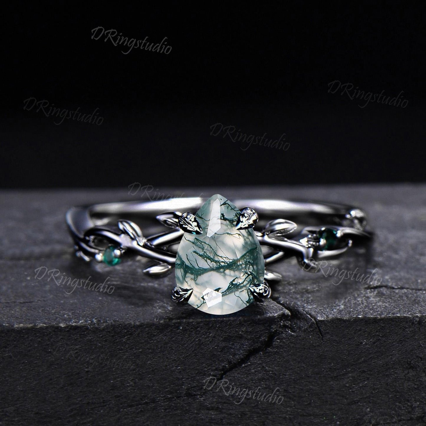 Gothic Black Moss Agate Engagement Ring 1.25ct Pear Shaped Natural Green Moss Bridal Set Black Gold Twig Leaf Wedding Ring Anniversary Gift