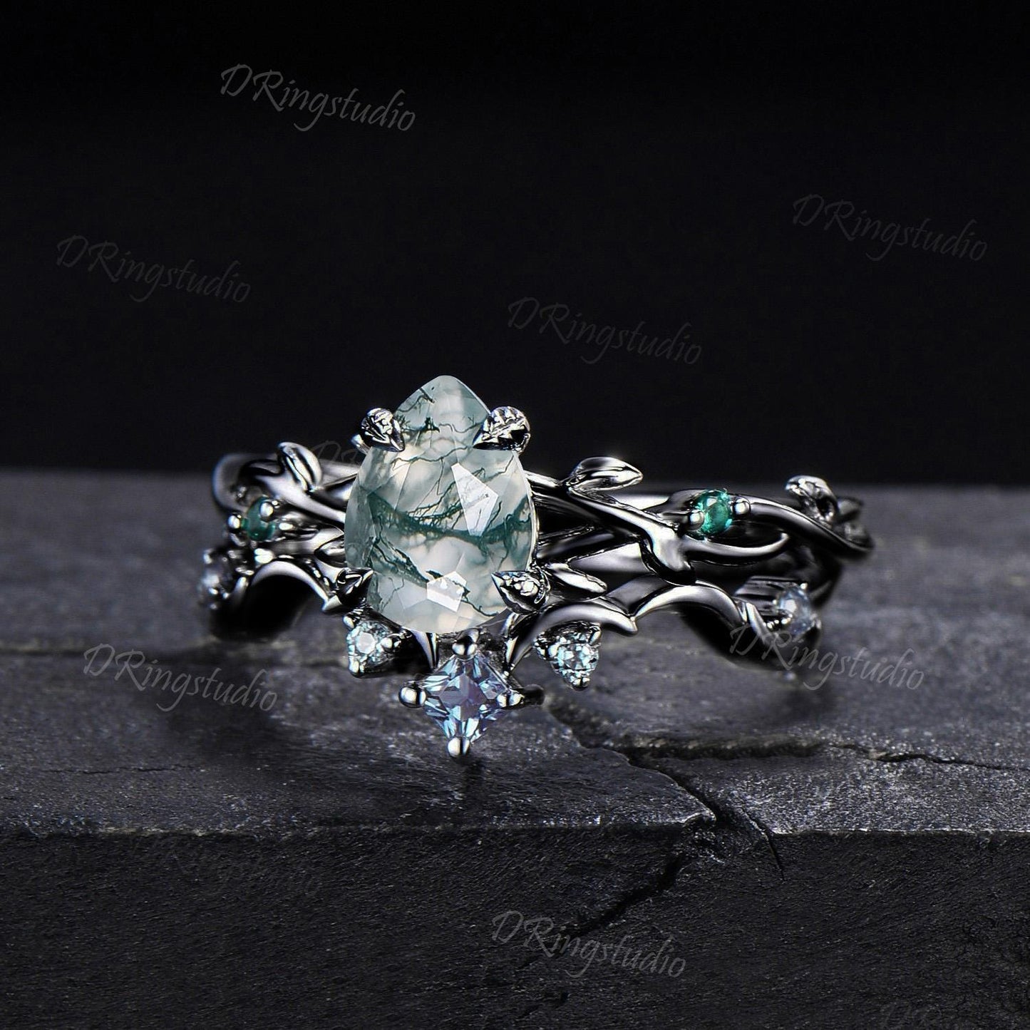 Gothic Black Moss Agate Engagement Ring 1.25ct Pear Shaped Natural Green Moss Bridal Set Black Gold Twig Leaf Wedding Ring Anniversary Gift