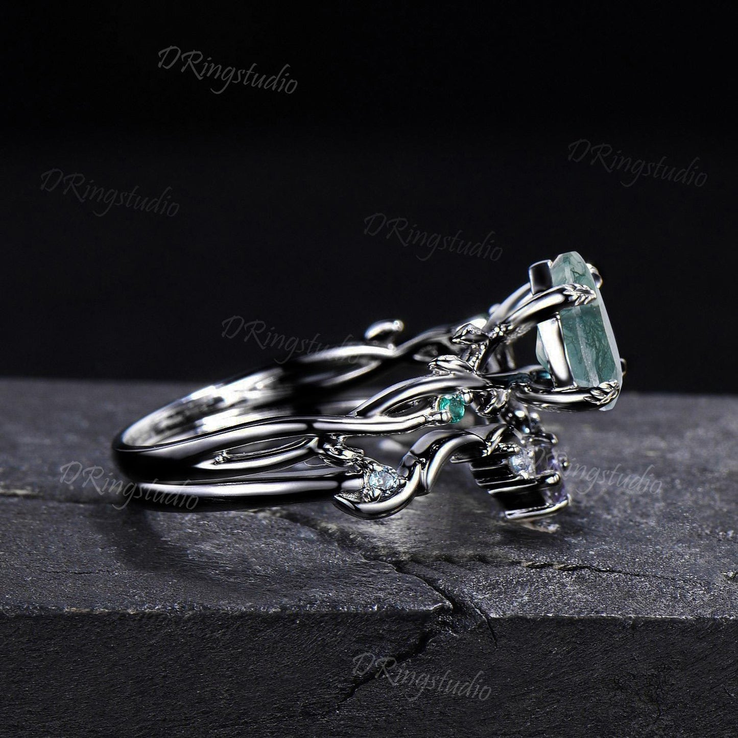 Gothic Black Moss Agate Engagement Ring 1.25ct Pear Shaped Natural Green Moss Bridal Set Black Gold Twig Leaf Wedding Ring Anniversary Gift