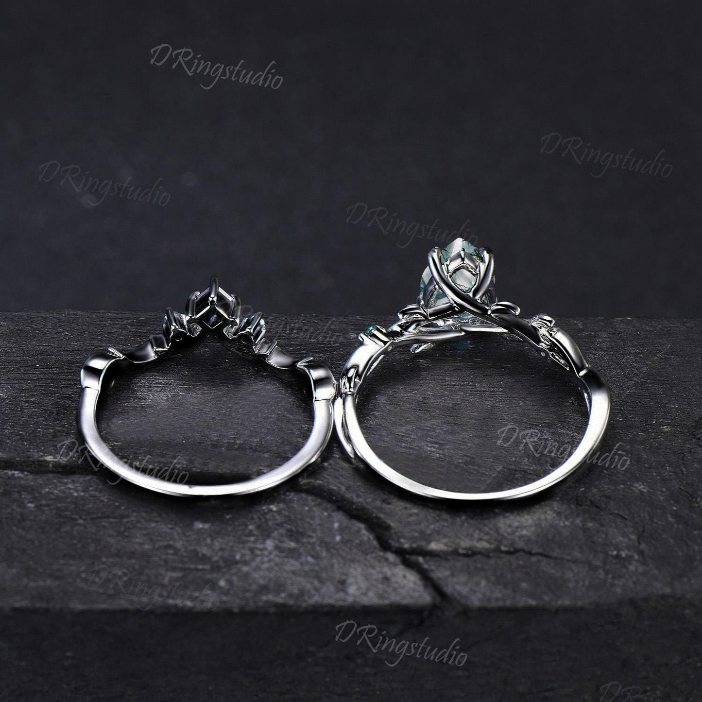 Gothic Black Moss Agate Engagement Ring 1.25ct Pear Shaped Natural Green Moss Bridal Set Black Gold Twig Leaf Wedding Ring Anniversary Gift