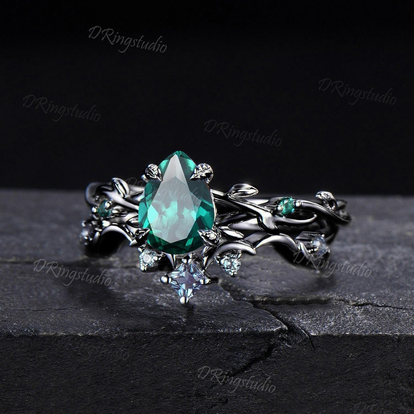 Black Twig Vine Green Emerald Engagement Ring Gothic Black Gold Emerald Bridal Ring Set Celestial Moon Alexandrite Wedding Ring Promise Gift